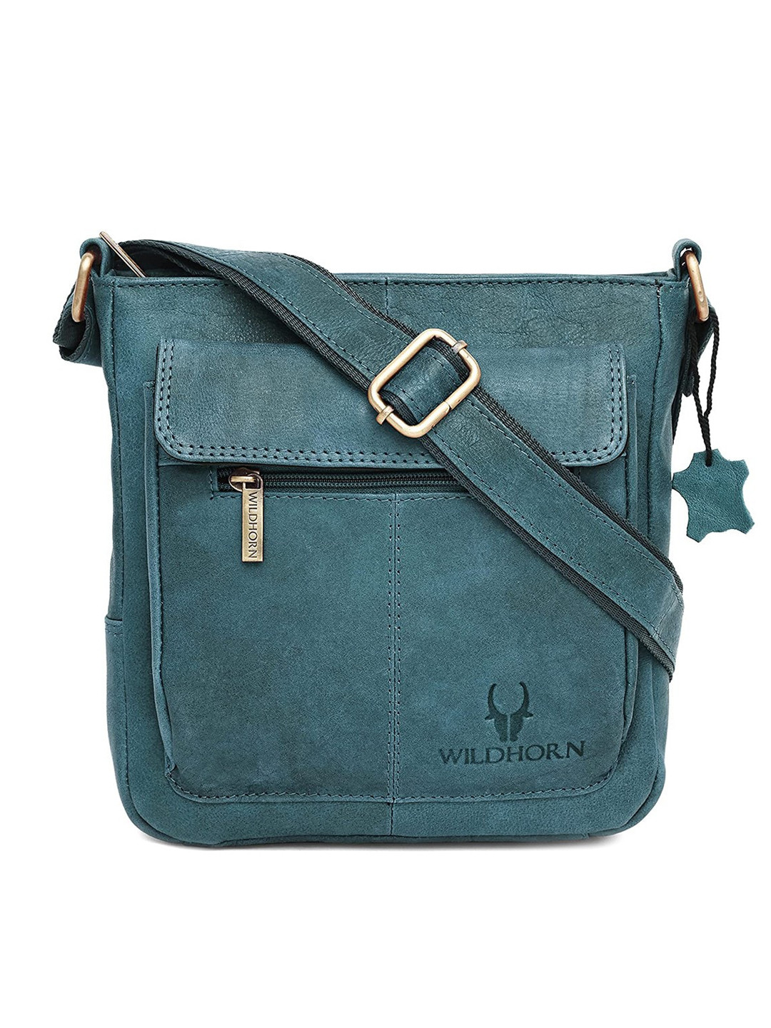 WildHorn Blue Leather Structured Sling Bag with Cut Work