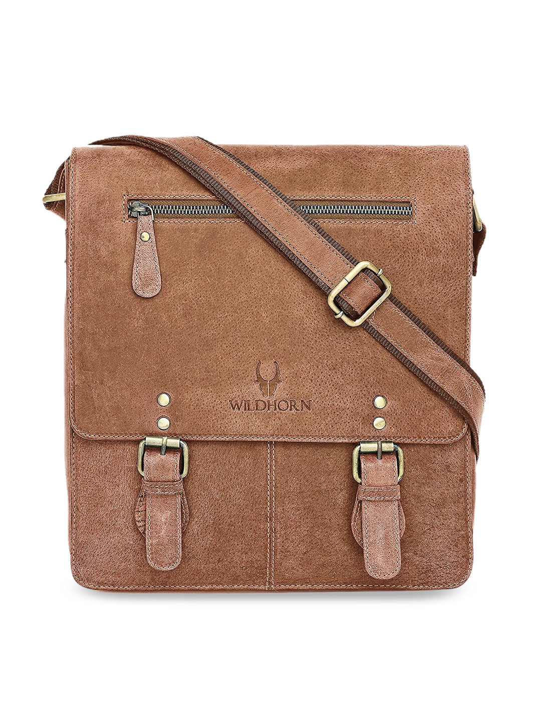 WildHorn Tan Textured Leather Structured Sling Bag