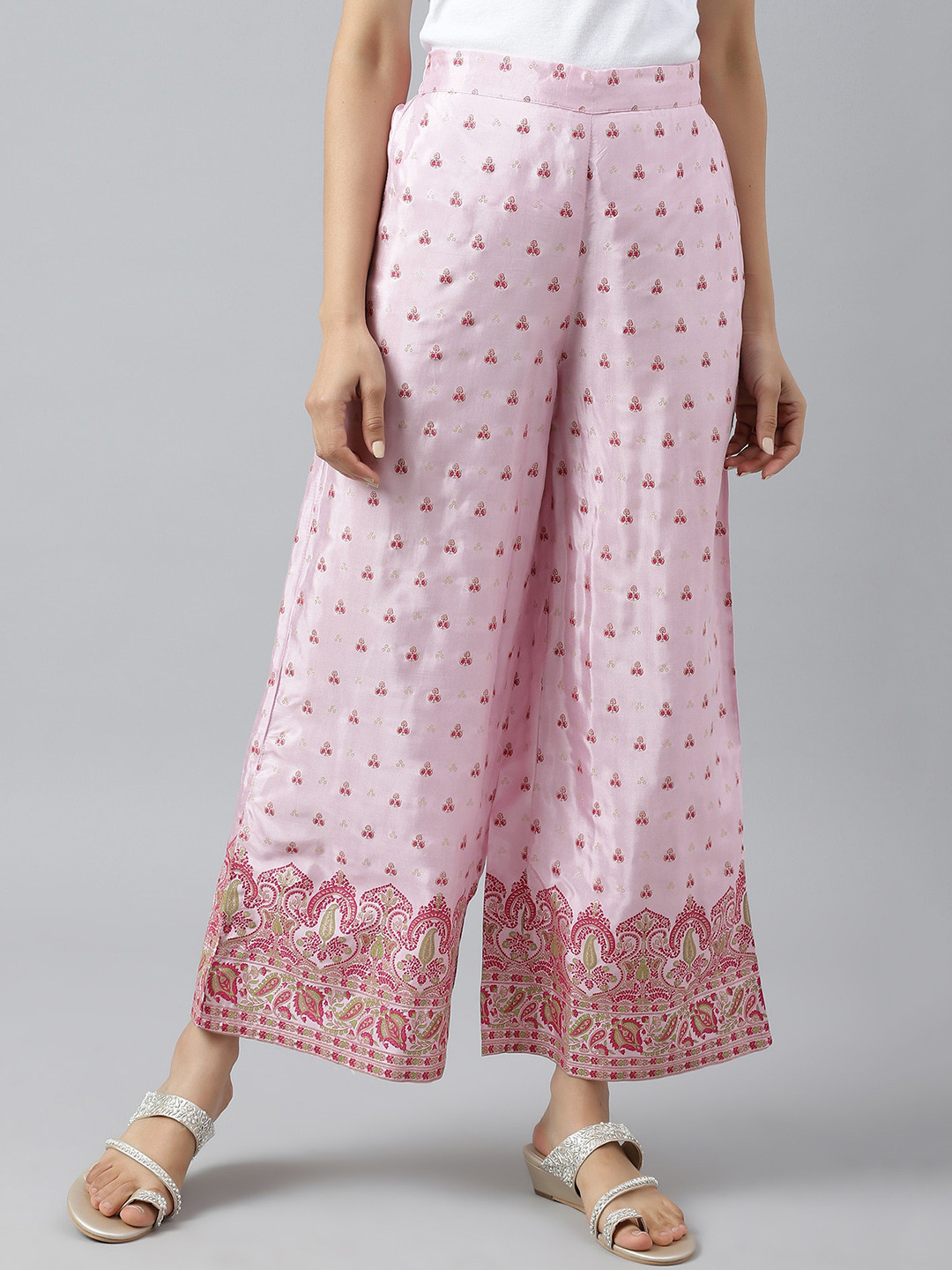 W Women Pink Floral Shantung Printed Parallel Pants