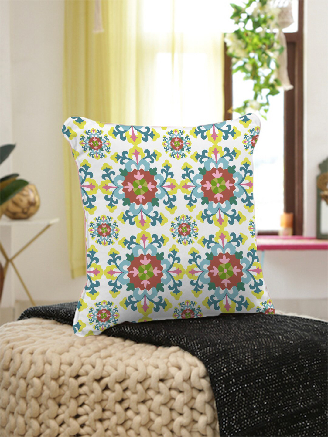 HOUZZCODE White Ethnic Motifs Polyester Washable Square Cushion Covers - 11.8 x 11.8 In