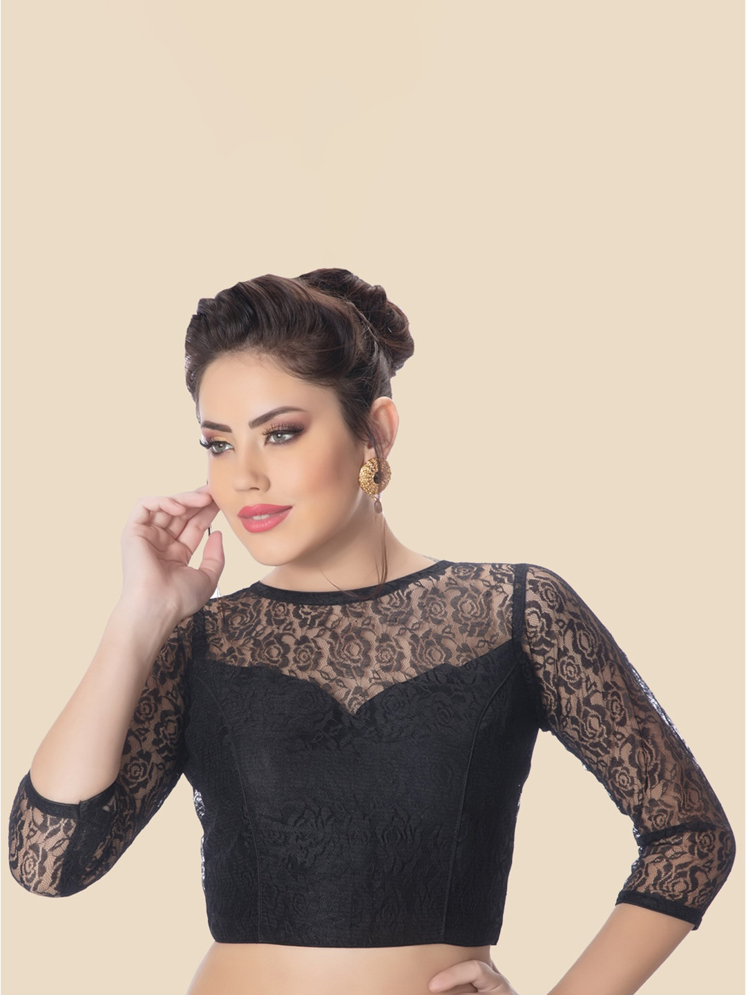 neckbook Women Black Woven Design Princess Cut Padded Readymade Saree Blouse