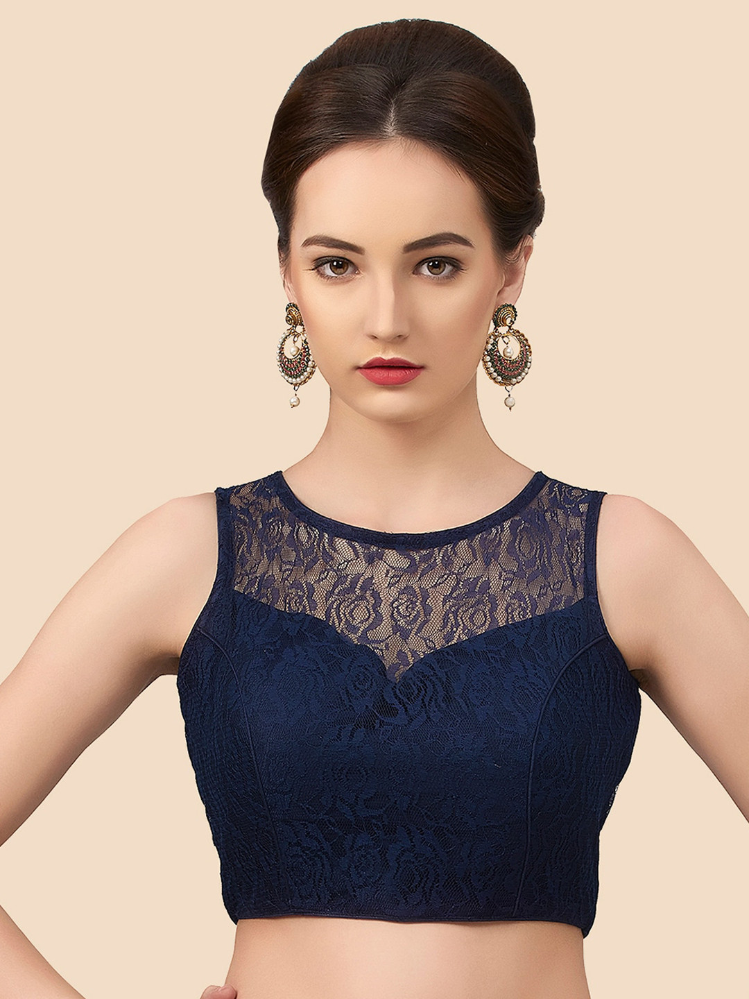 neckbook Navy Blue Solid Saree Blouse