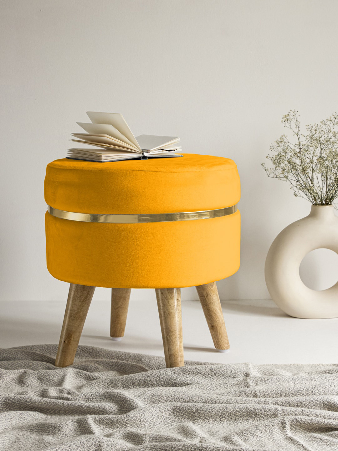 Clasiko Yellow Cream & Gold-Toned Solid Ottoman With Wooden Legs