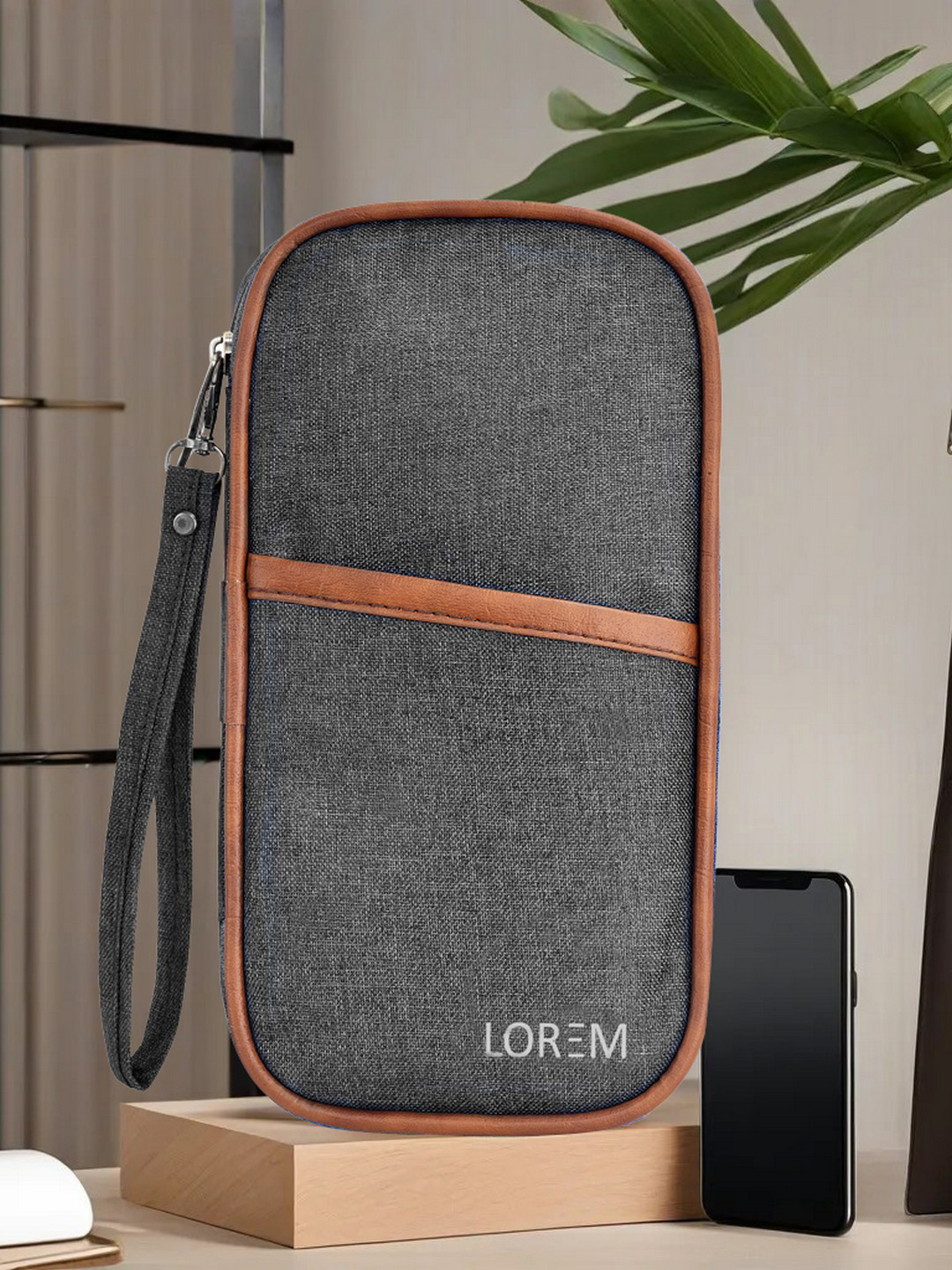 LOREM Unisex Grey & Brown Textured PU Passport Holder