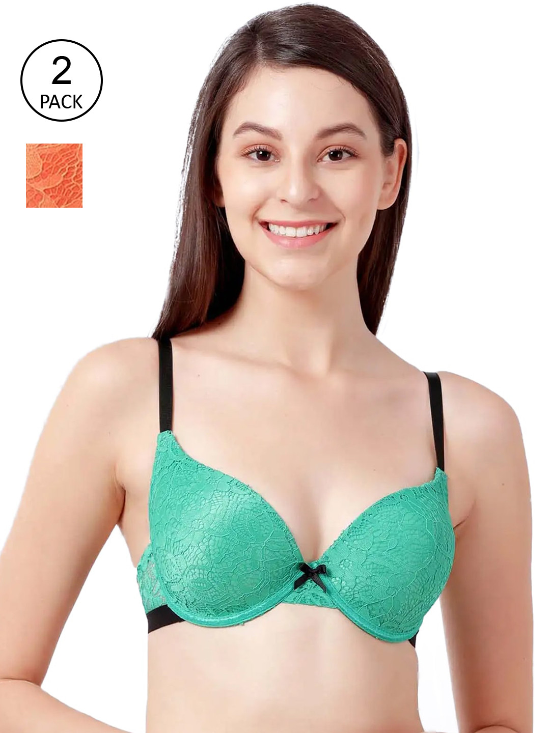 Susie Pack Of 2 Orange & Green Plunge Bras - Underwired