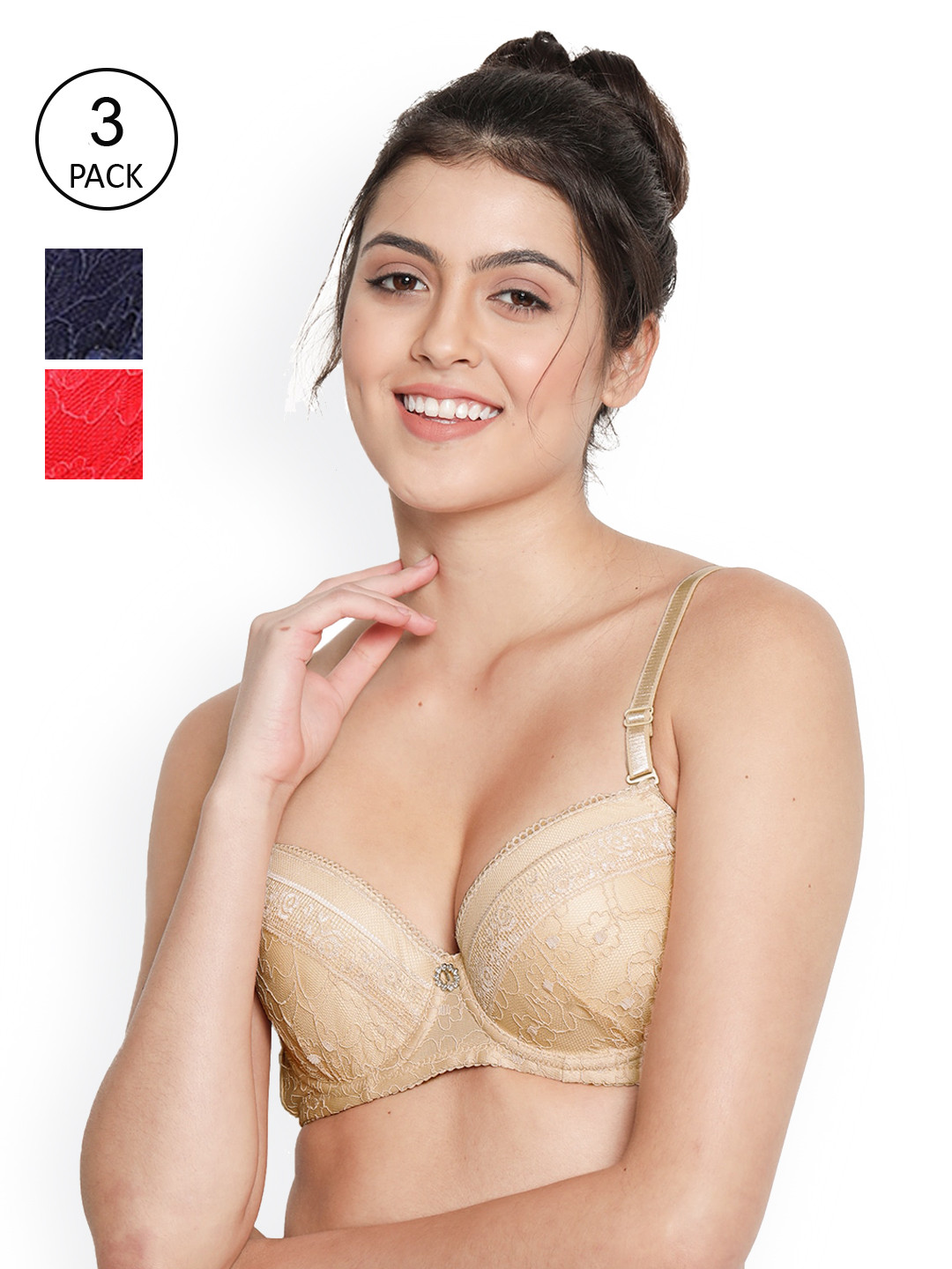 Susie Pack Of 3 Navy Blue & Beige& Red Floral Underwired Lightly Padded Anti Odour Bra
