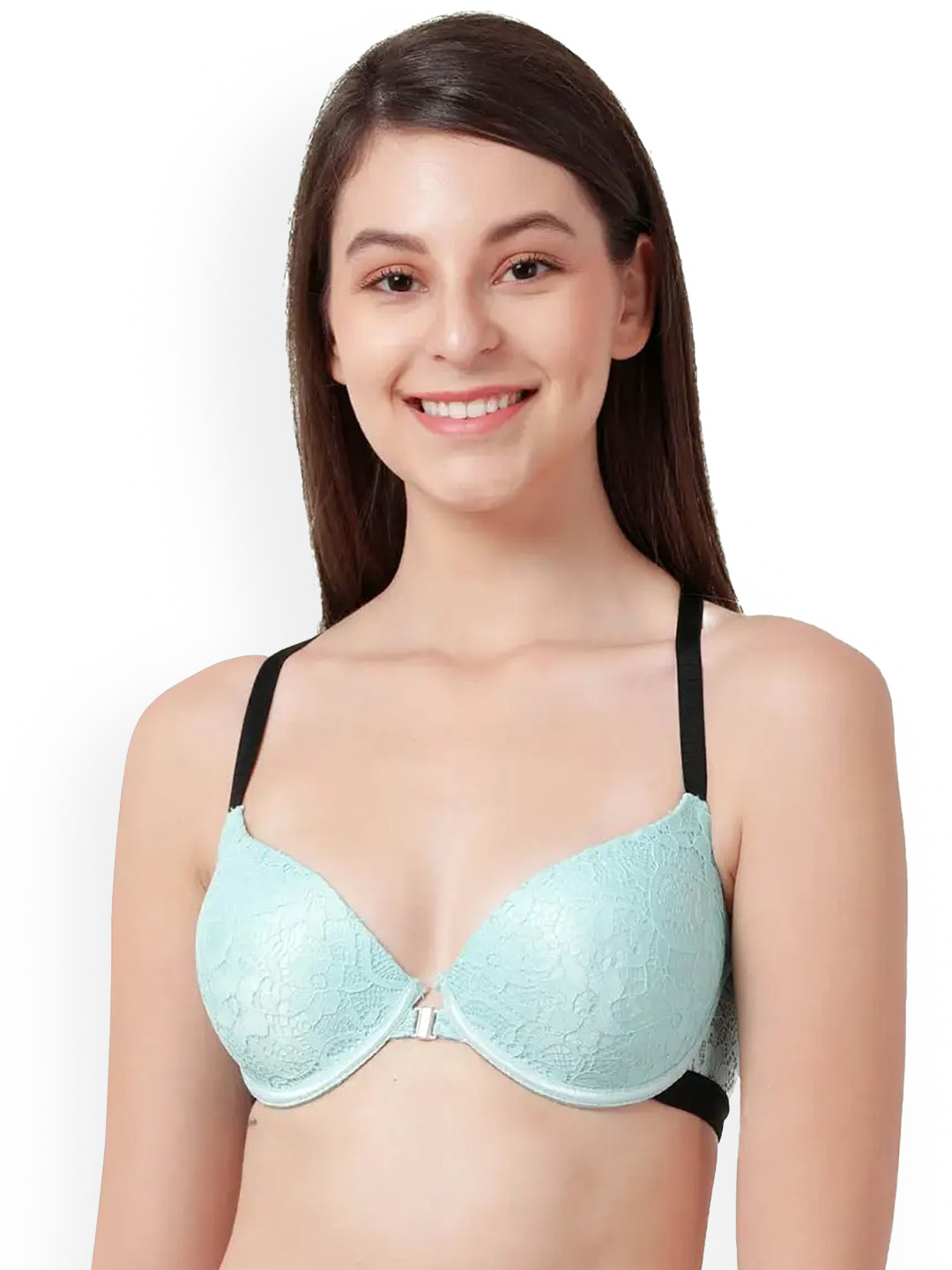 Susie Turquoise Blue & Black Dry-Fit UV Protection Push-Up Bra - Underwired Lightly Padded