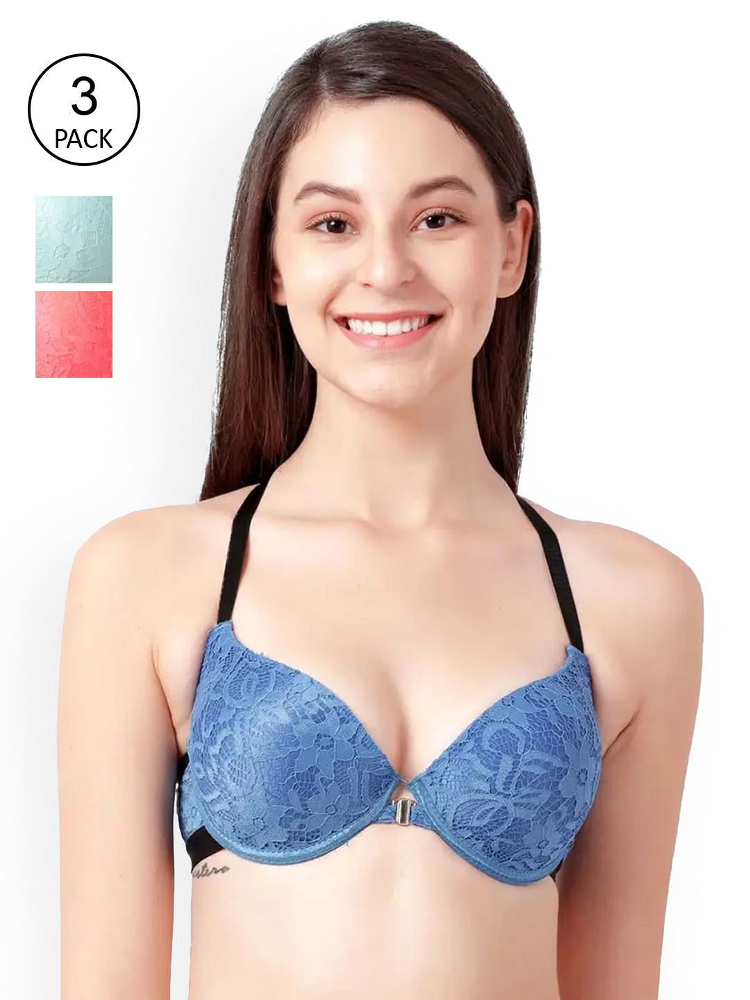 Susie Blue & Peach-Coloured Pack Of 3 Floral Bra Underwired Lightly Padded