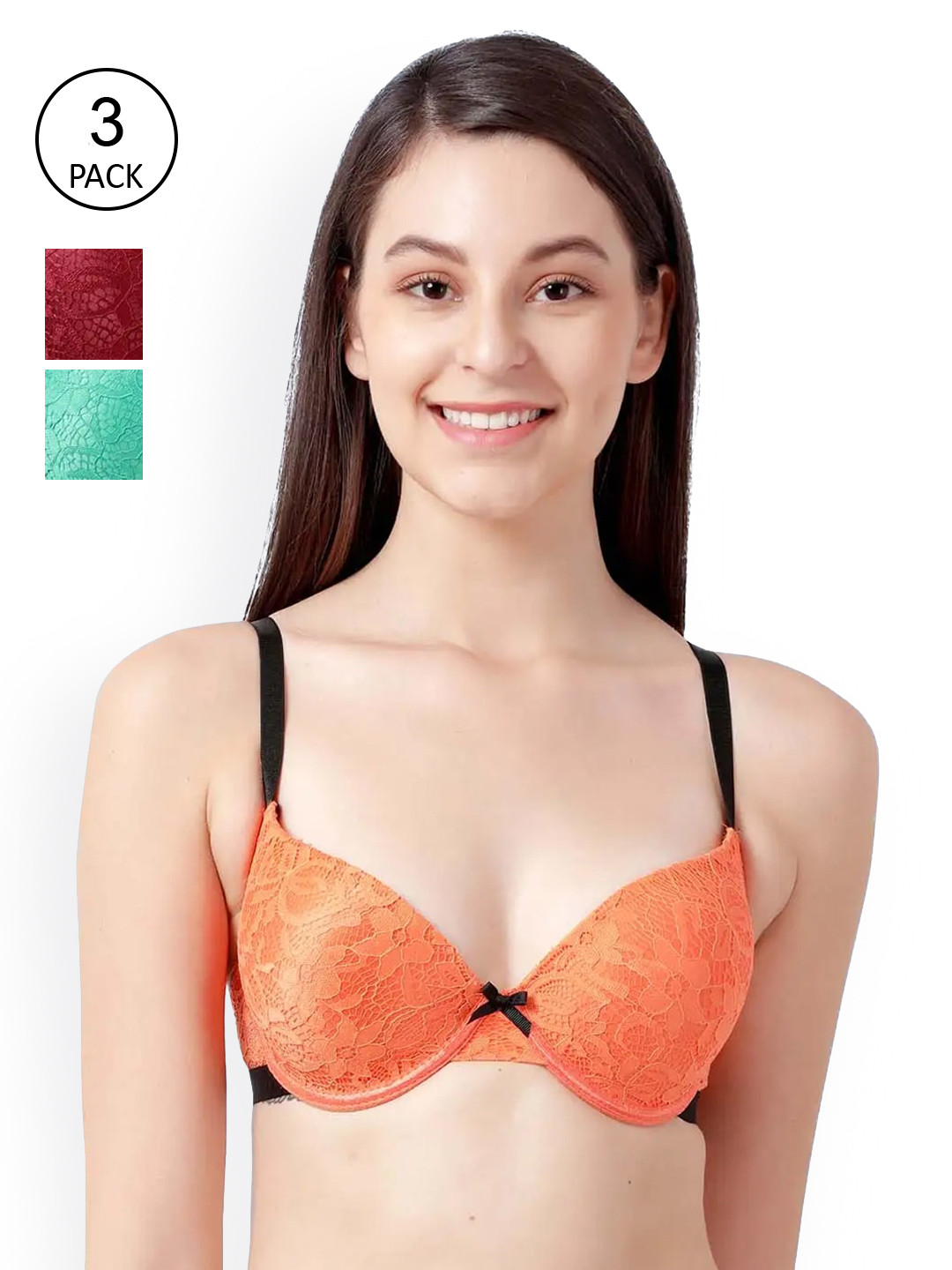 Susie Women Green Orange Pack of 3 Underwired Lightly Padded Bra