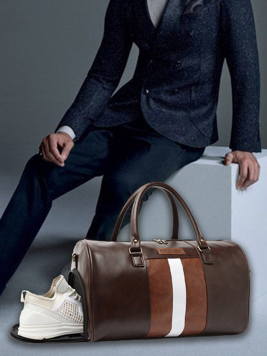 FUR JADEN Brown & White Solid Vegan Leather Duffel Bag