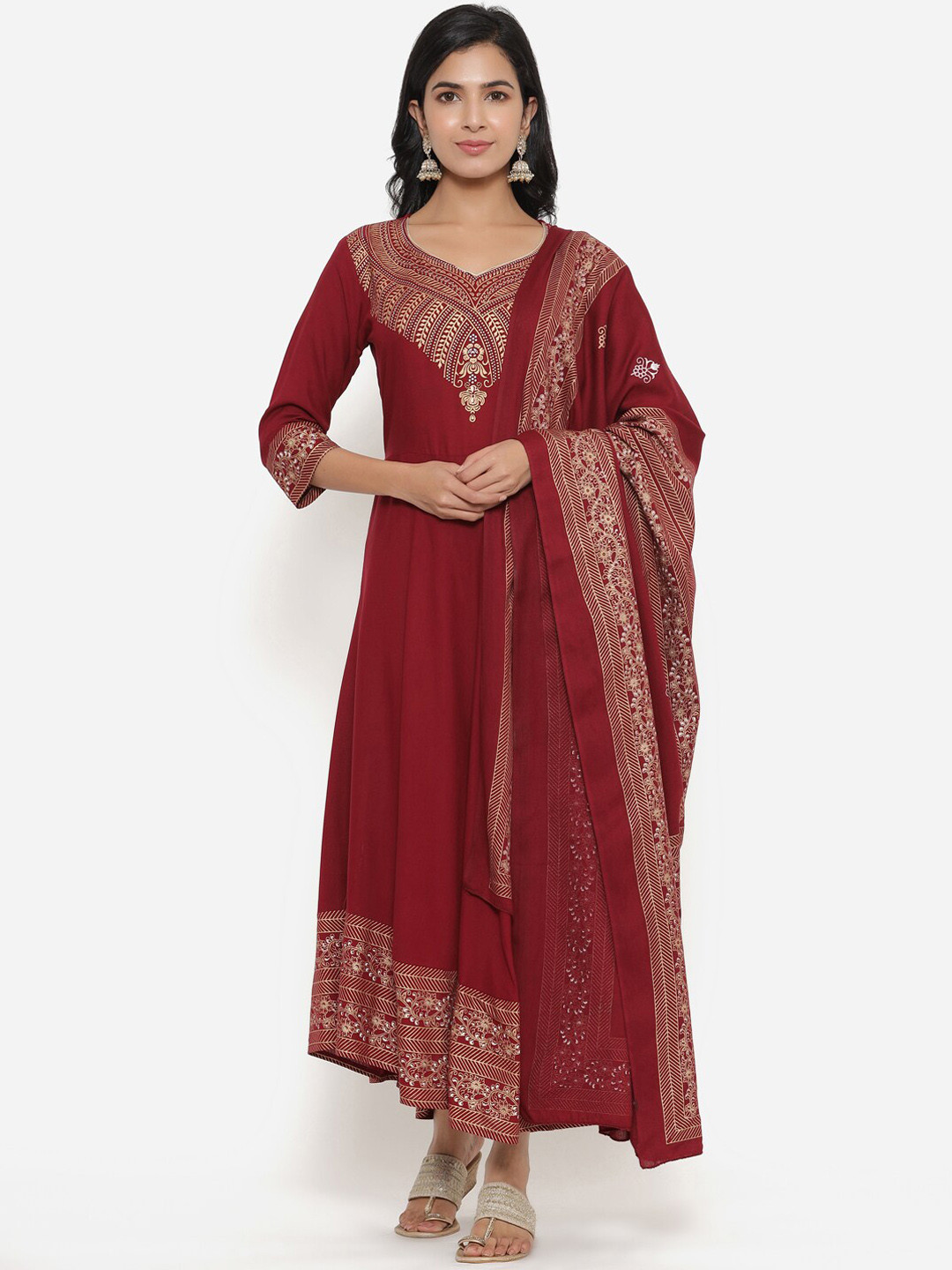 SBR BABA KURTI Women Maroon & Gold-Toned Yoke Design Anarkali Kurta
