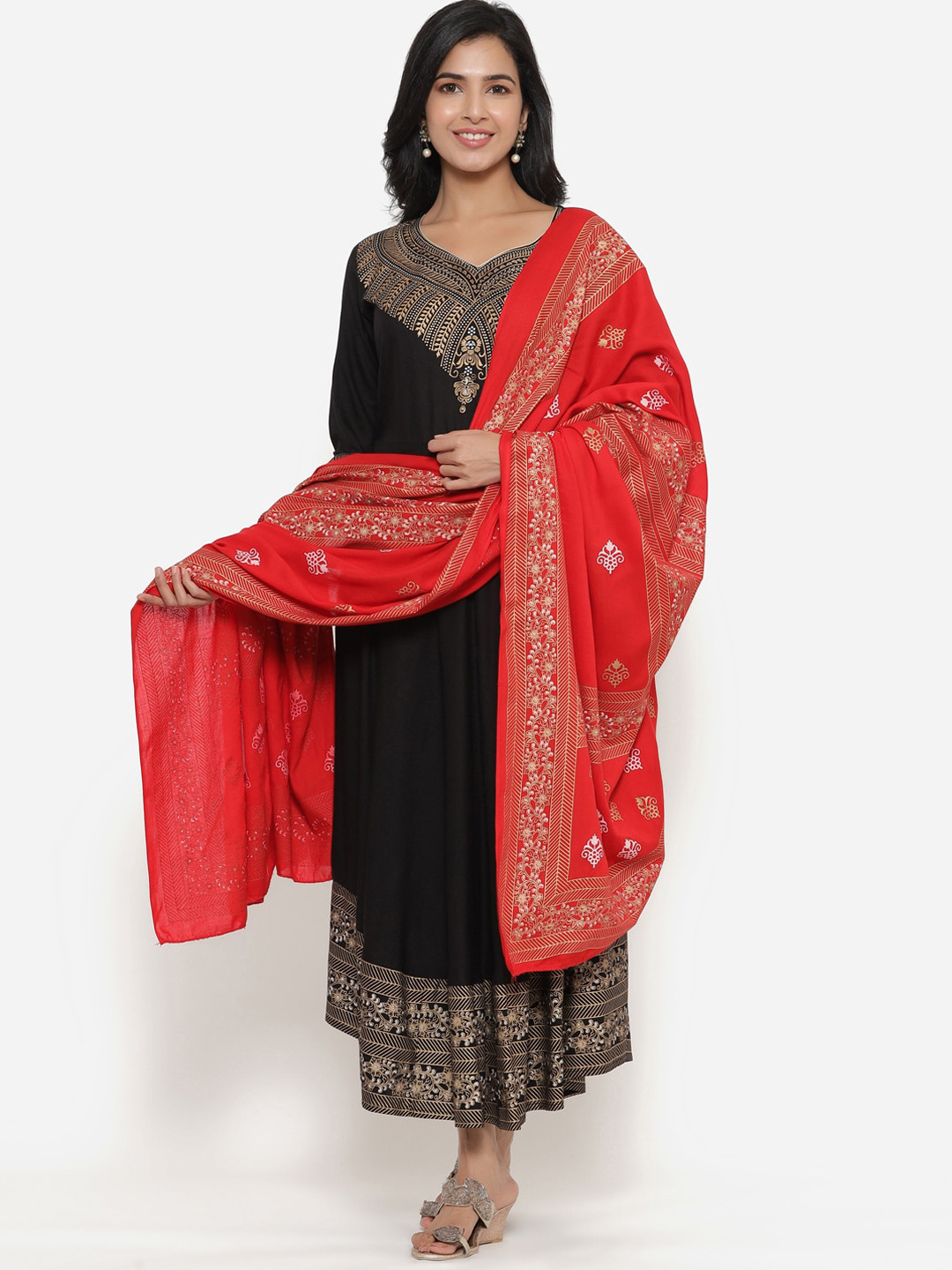 SBR BABA KURTI Women Black & Gold-Toned Ethnic Motifs Printed Anarkali Kurta