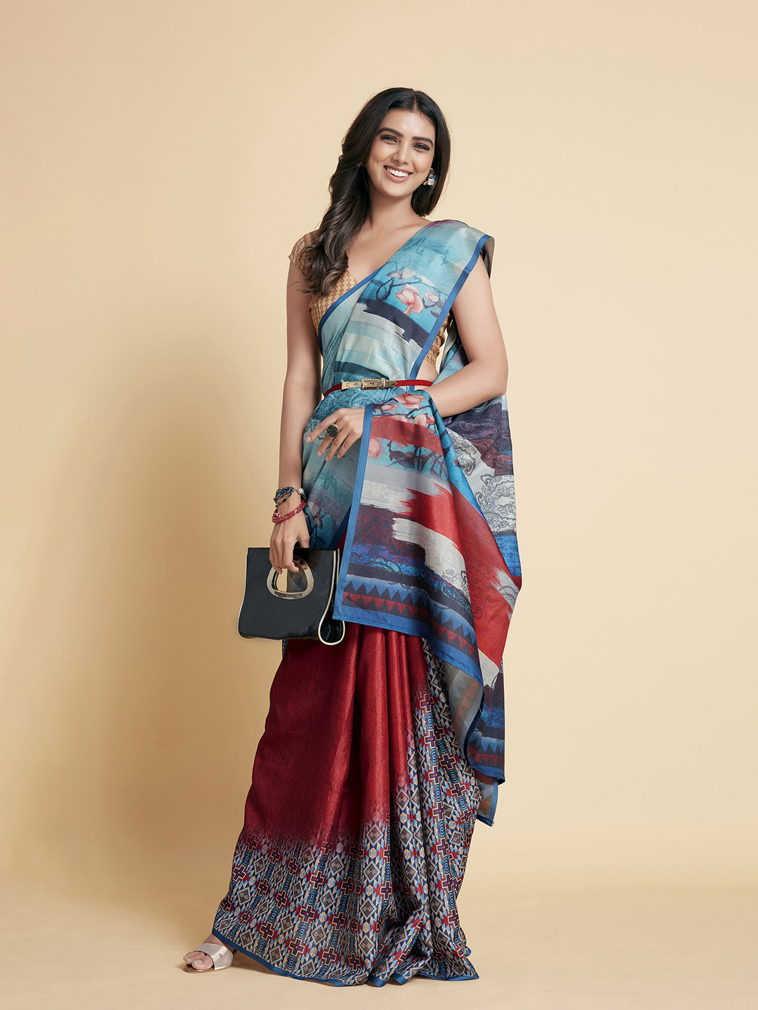 Sangria Red & White Silk Blend Saree