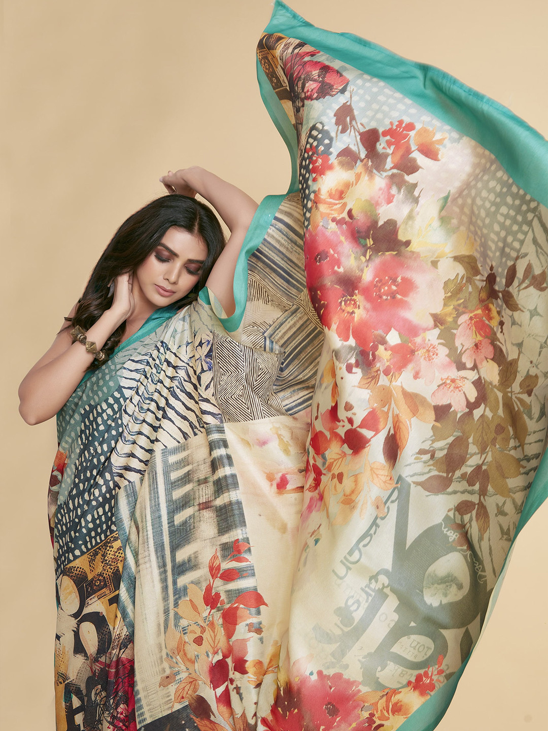 Sangria Teal & Red Floral Silk Blend Saree
