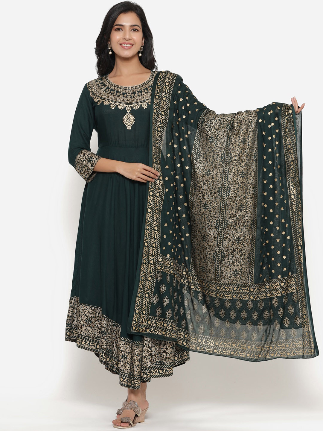 SBR BABA KURTI Women Green & Gold-Toned Ethnic Motifs Anarkali Kurta