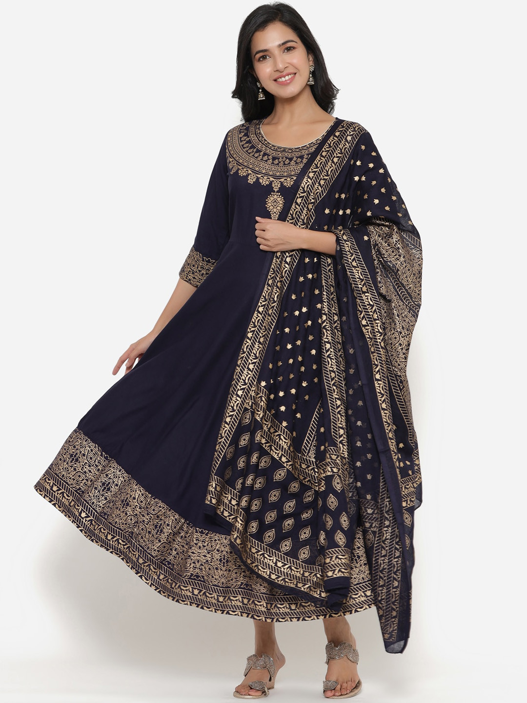 SBR BABA KURTI Women's Blue Ethnic Motifs Printed Thread Work Anarkali Kurta With Dupatta