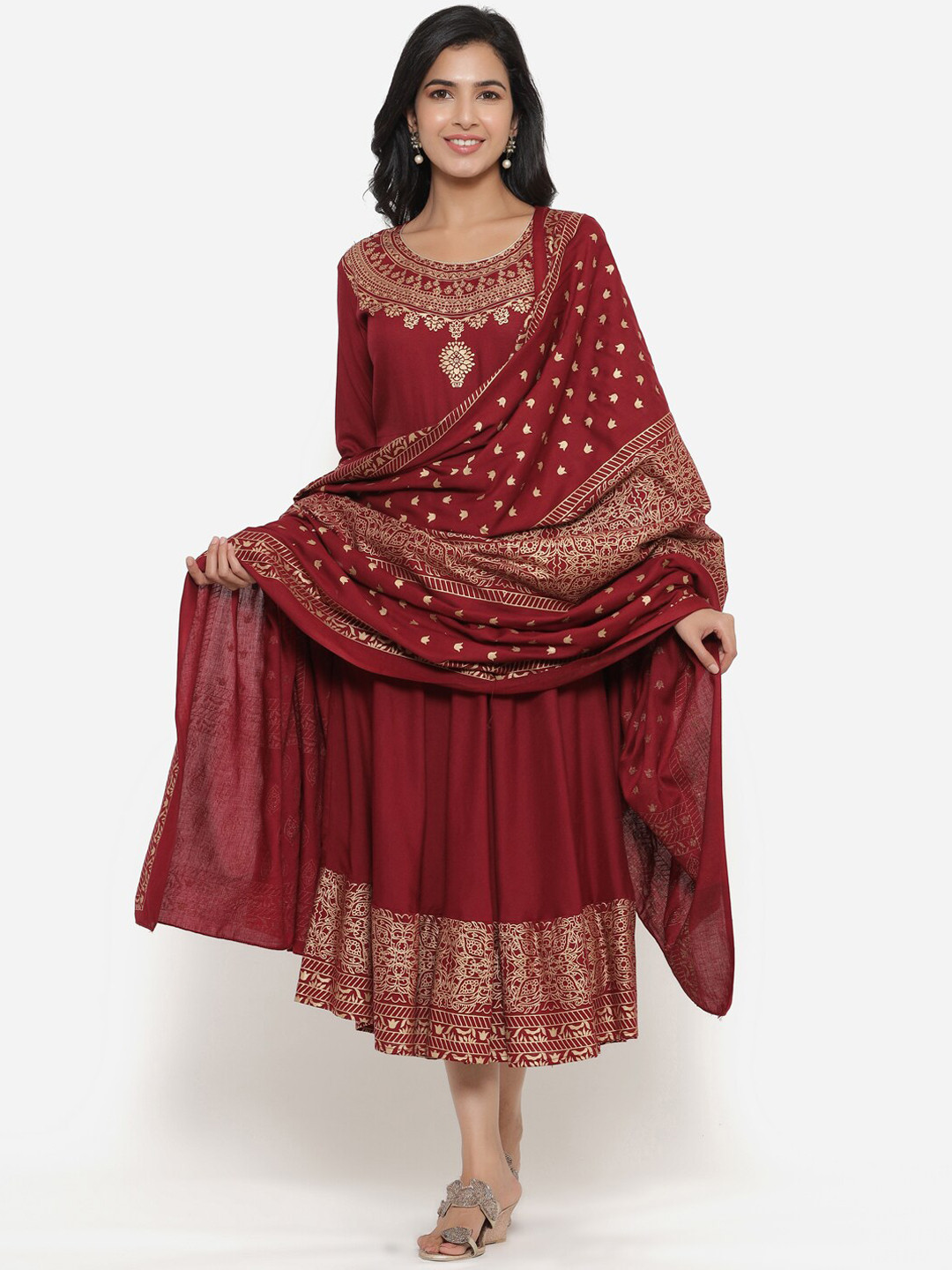 SBR BABA KURTI Women Maroon & Gold-Toned Ethnic Motifs Printed Anarkali Kurta