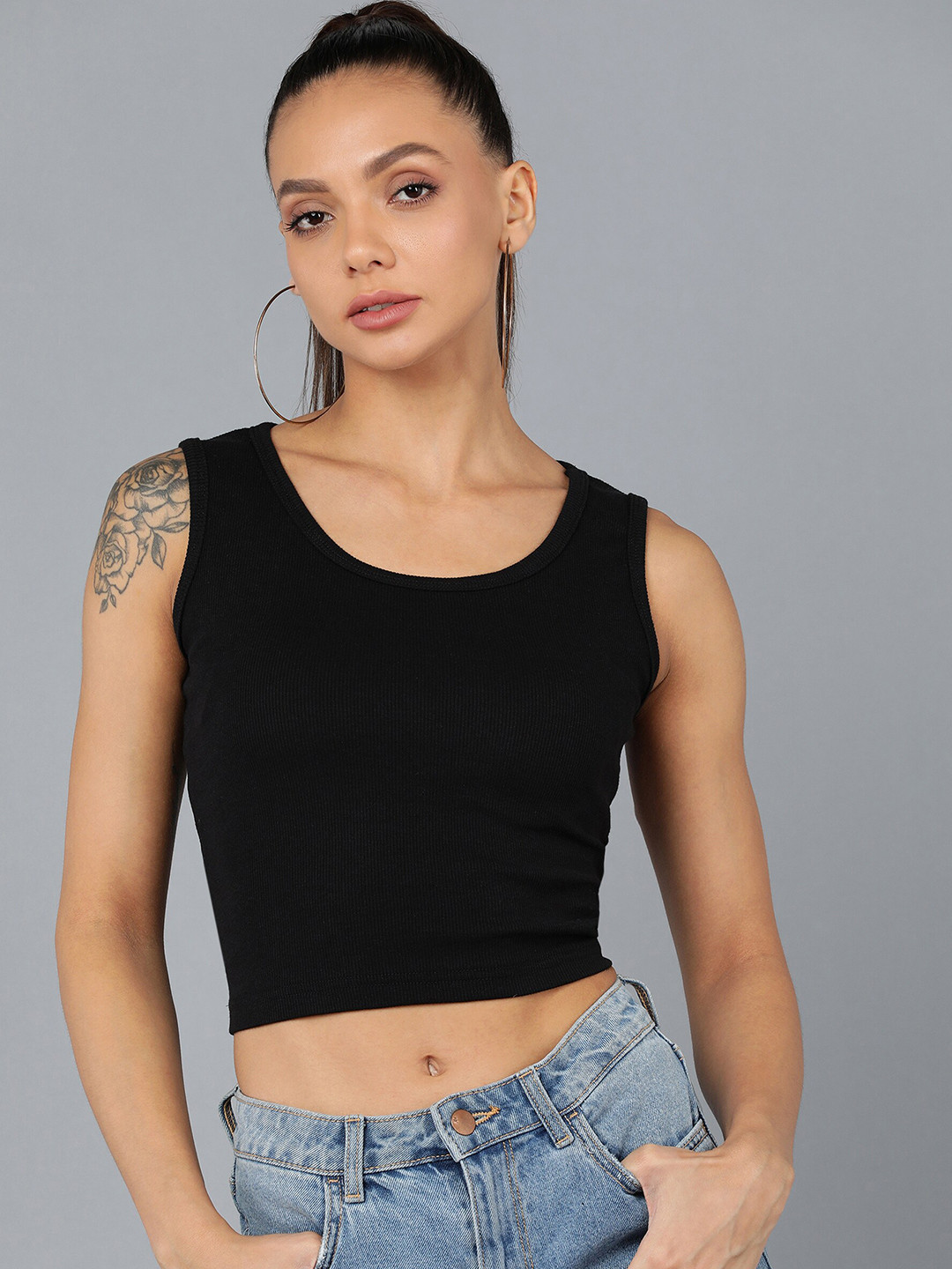 Rock Paper Scissors Black  Ribbed Short Crop Top