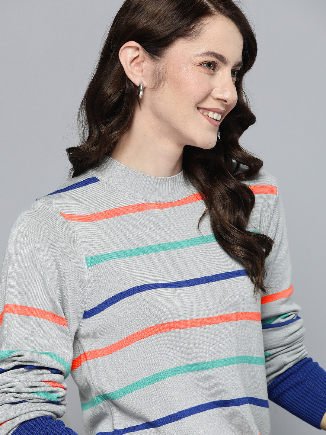 Mast & Harbour Women Grey & Orange Striped Acrylic Pullover