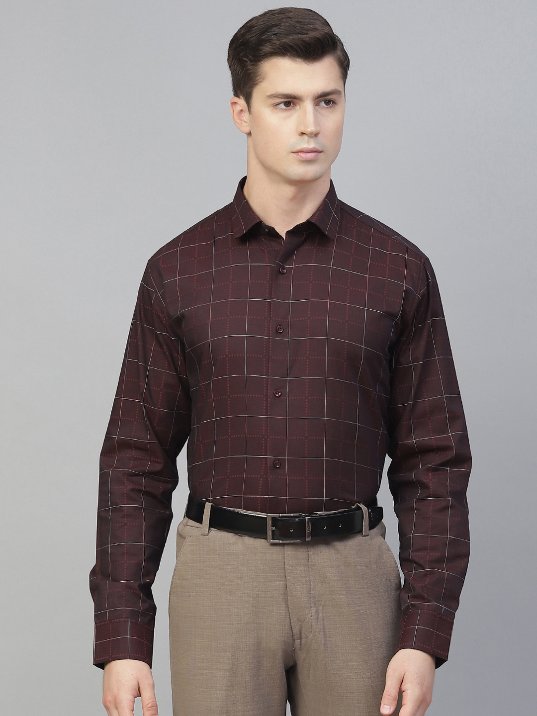 MANQ Men Maroon Smart Windowpane Checks Checked Semiformal Shirt