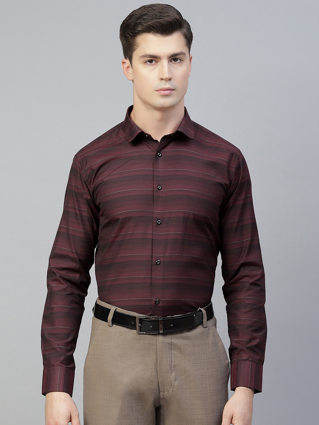 MANQ Men Maroon Smart Horizontal Stripes Striped Semiformal Shirt