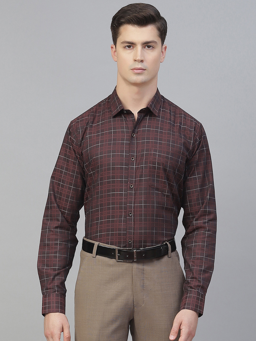 MANQ Men Maroon Smart Gingham Checks Checked Semiformal Shirt