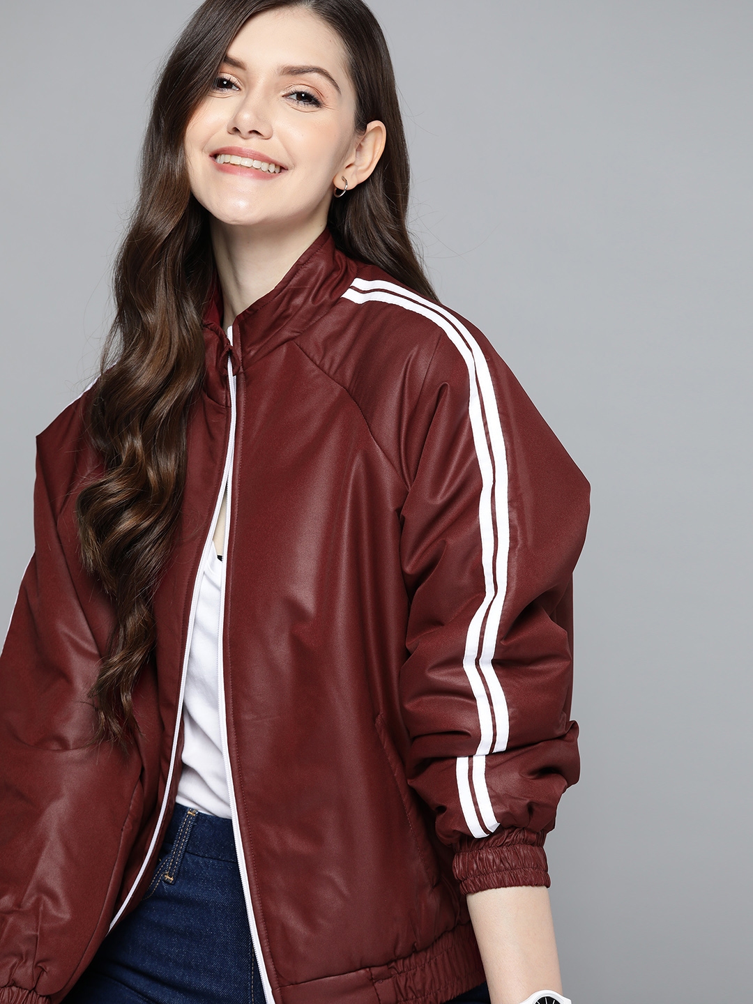 Buy Mast & Harbour Women Maroon Solid Bomber Jacket - Jackets