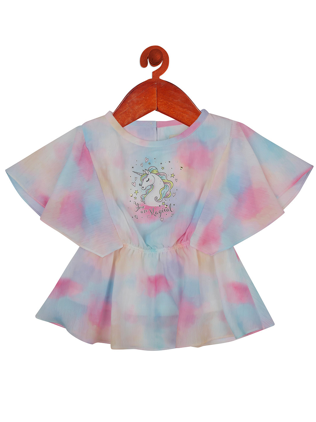 Tiny Girl Pink & Blue Tie and Dye Cinched Cotton Waist Top
