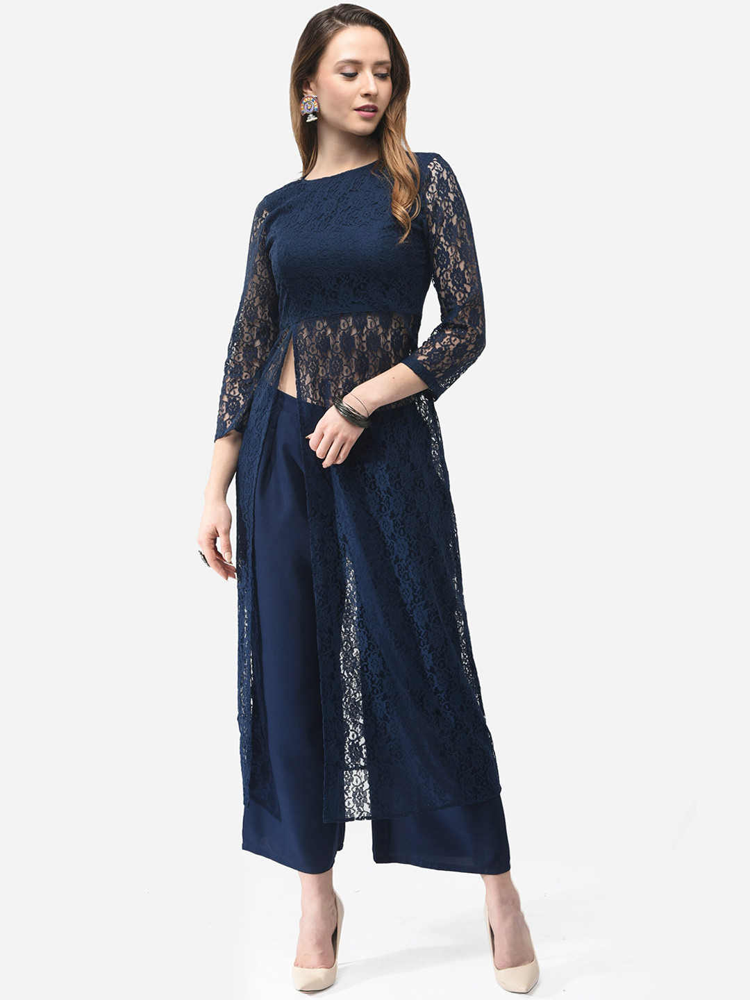 V&M Women Navy Blue High Slit Kurta with Trousers