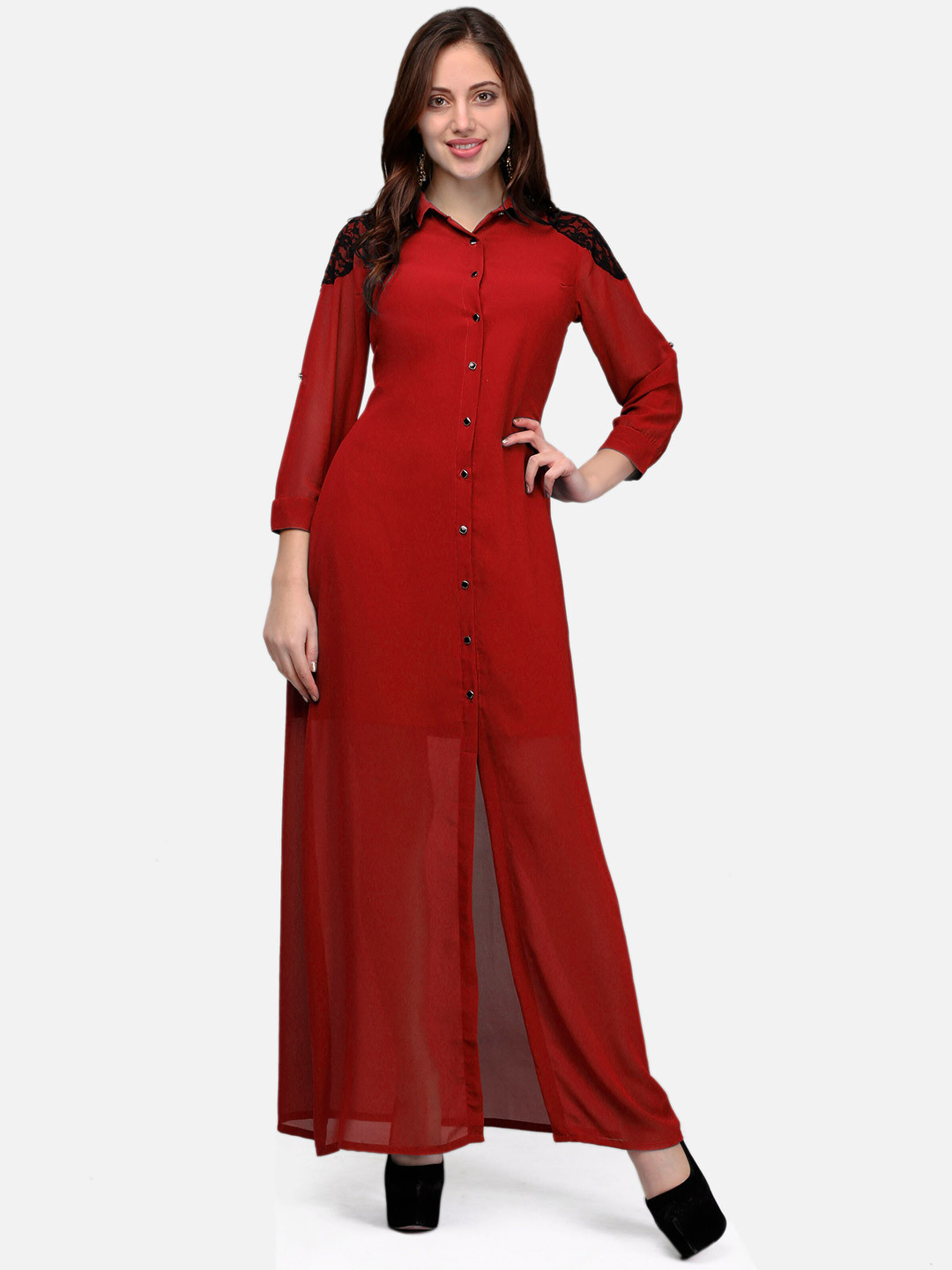 V&M Red Georgette Shirt Maxi Dress