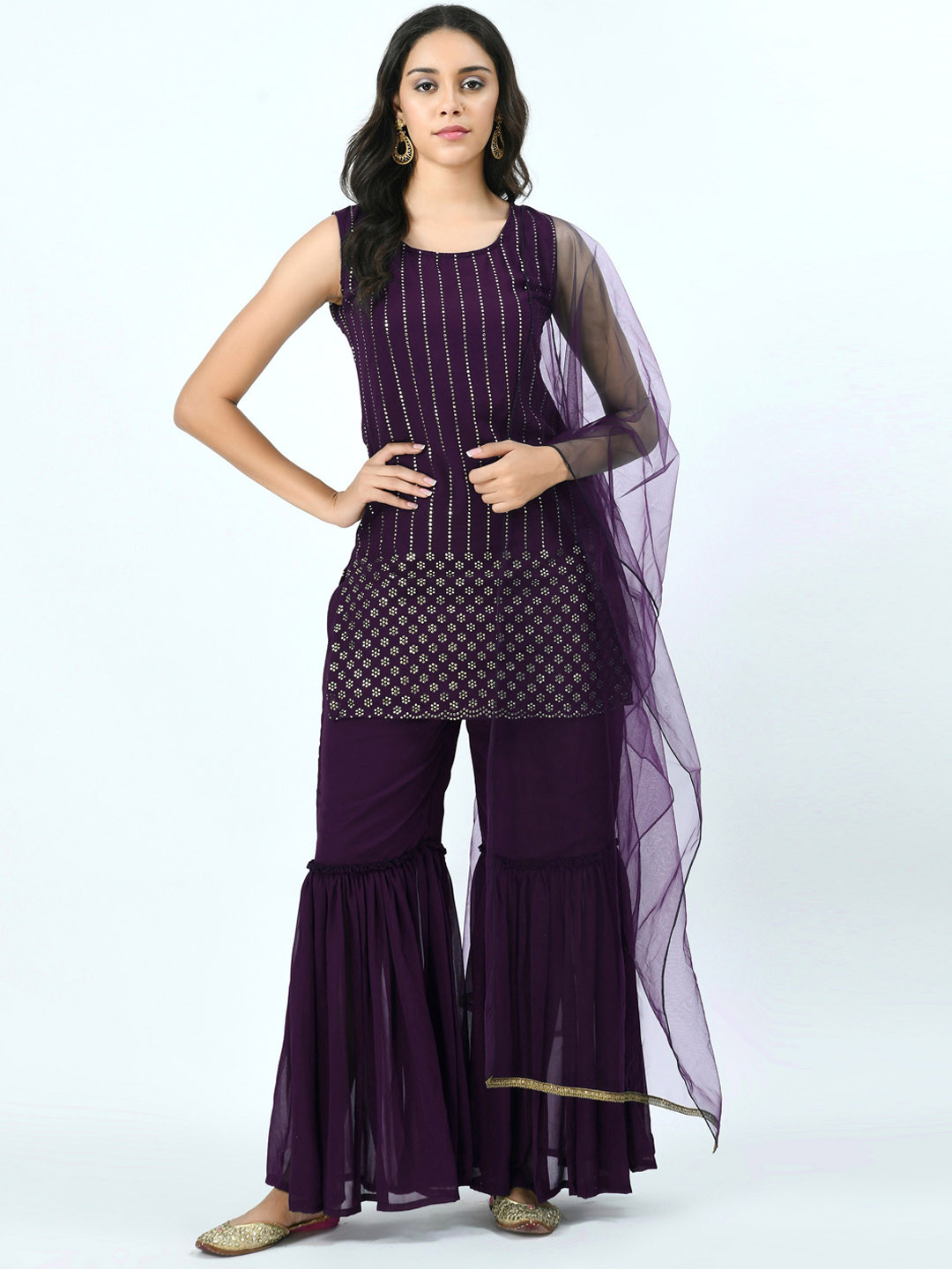 V&M Women Purple Ethnic Motifs Embroidered Kurti with Sharara & With Dupatta
