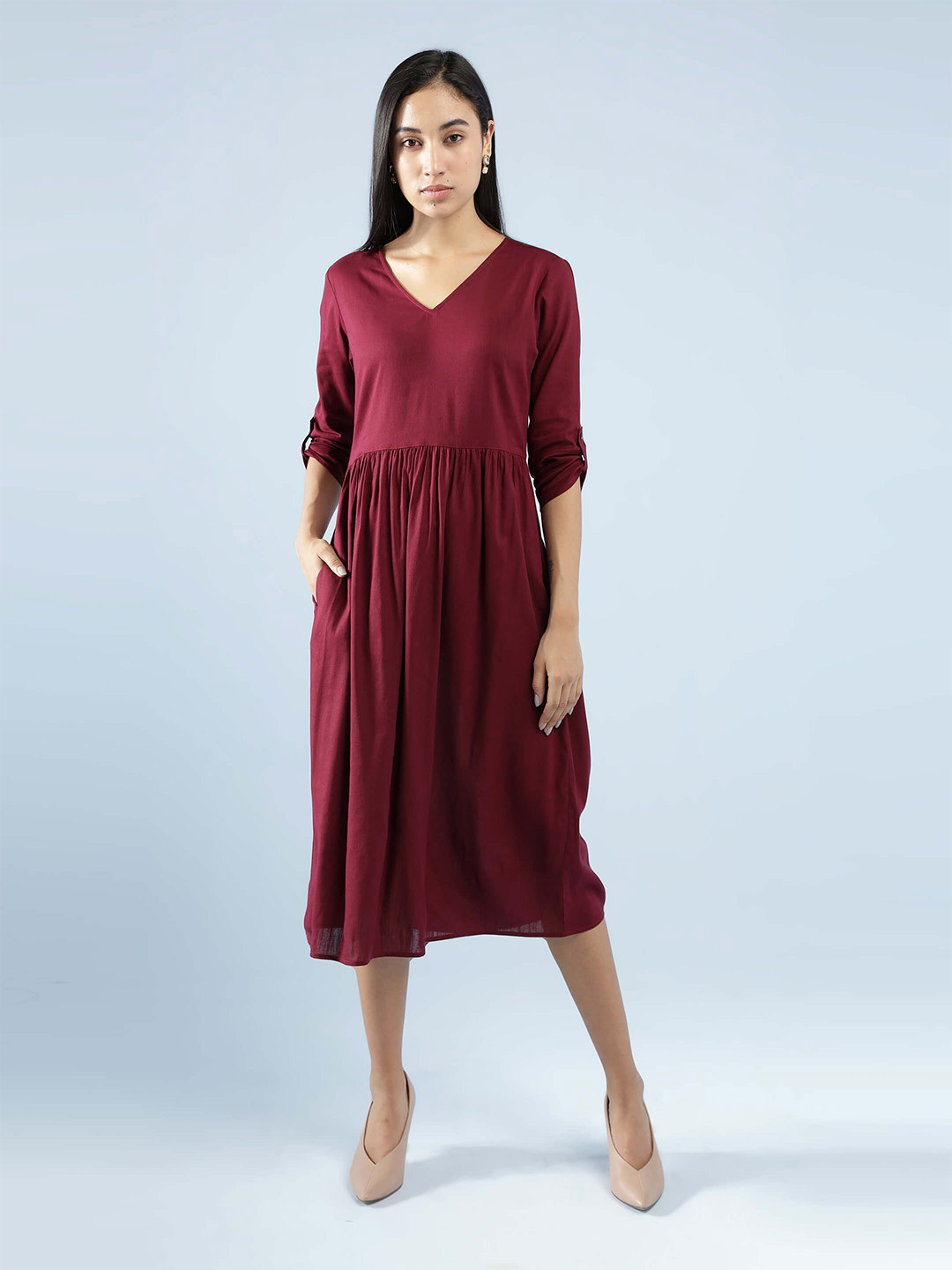 IDK Maroon A-Line Midi Dress