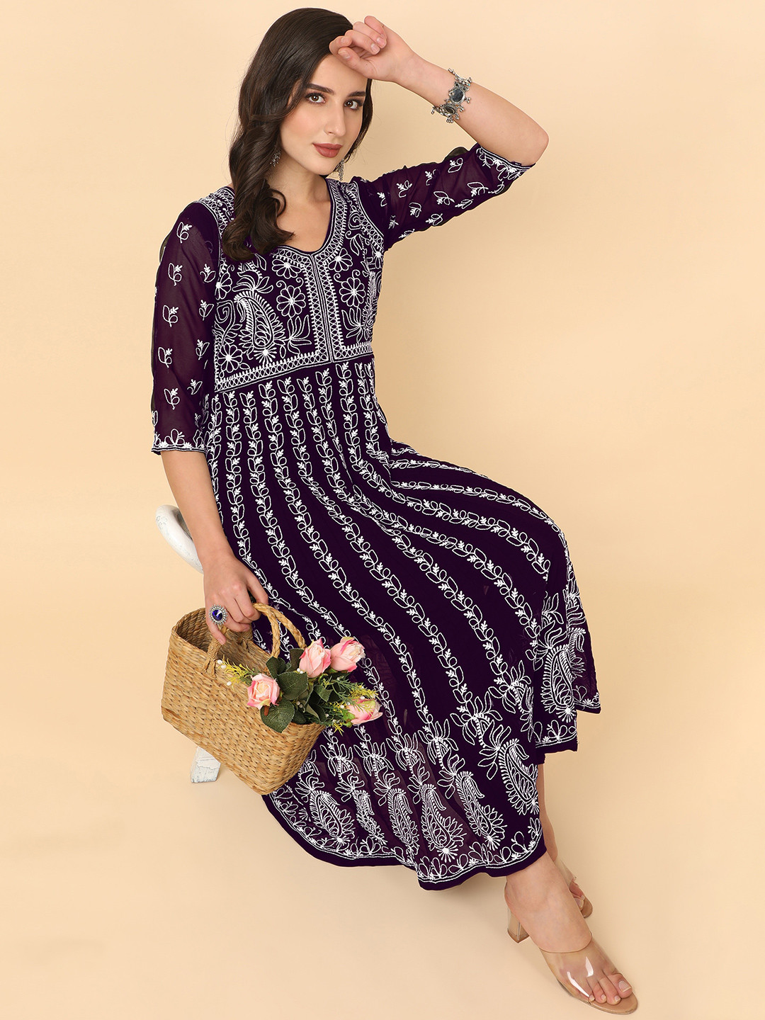 HERENOW Women Chikankari Embroidered Thread Work Georgette Anarkali Kurta