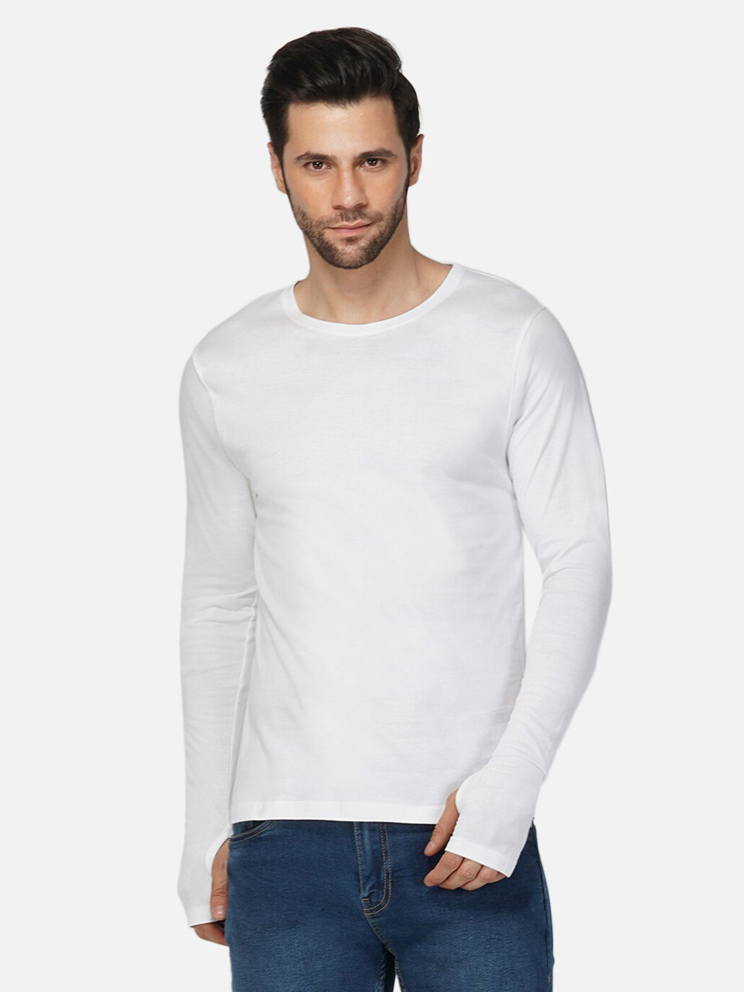 appulse Men White Round Neck Cotton Long Sleeves Casual T-shirt