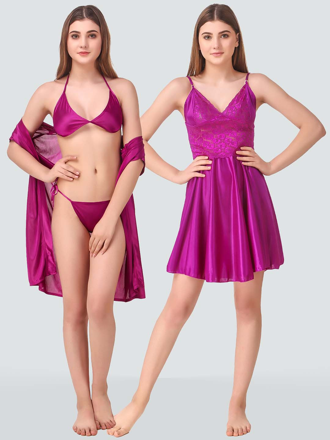 Romaisa Women Satin Baby Dolls with Robe & Lingerie Set