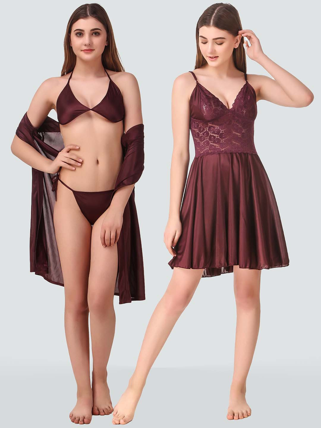 Romaisa Women Satin Baby Dolls with Robe & Lingerie Set