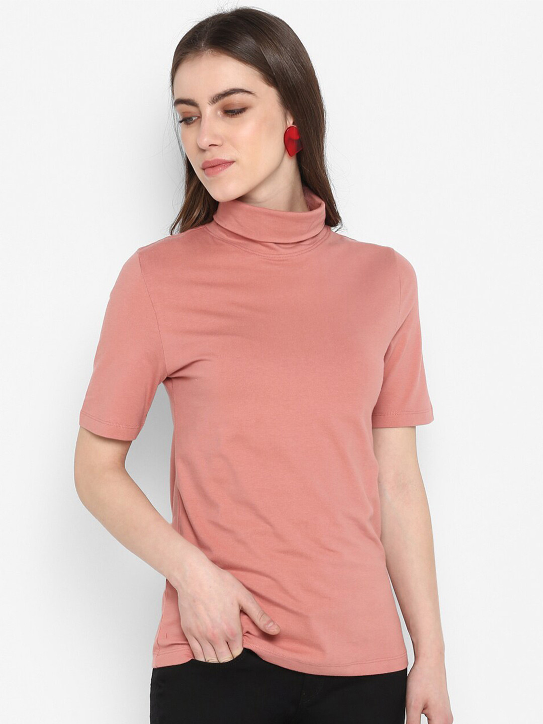 SHARKTRIBE Women Pink High Neck Slim Fit T-shirt