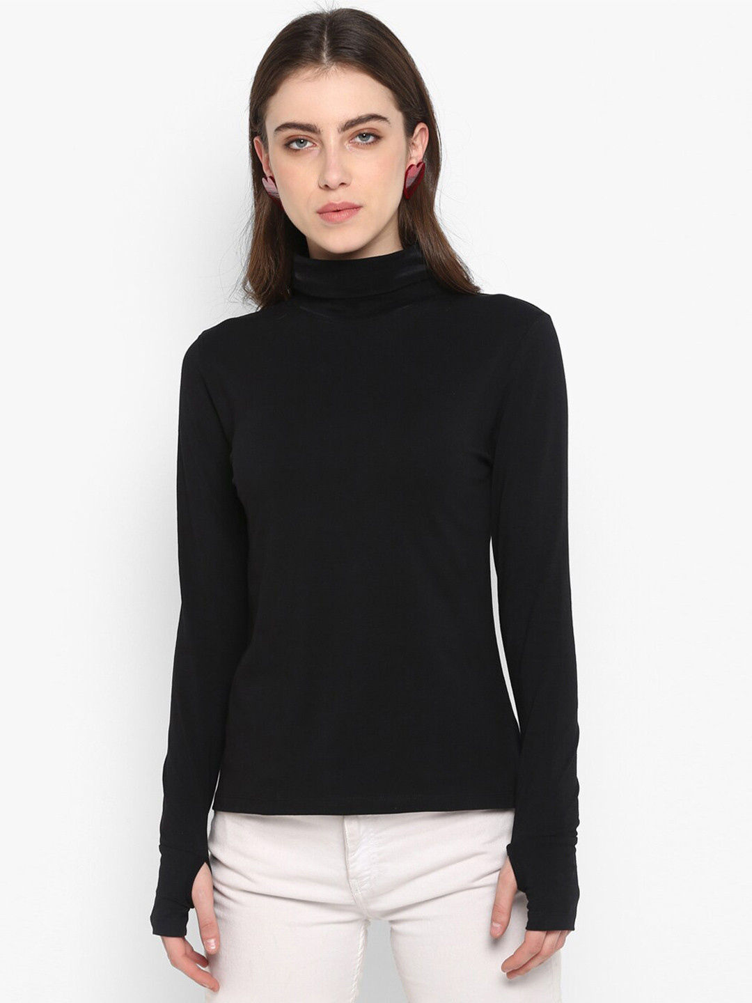 SHARKTRIBE Women Black High Neck Raw Edge Slim Fit T-shirt