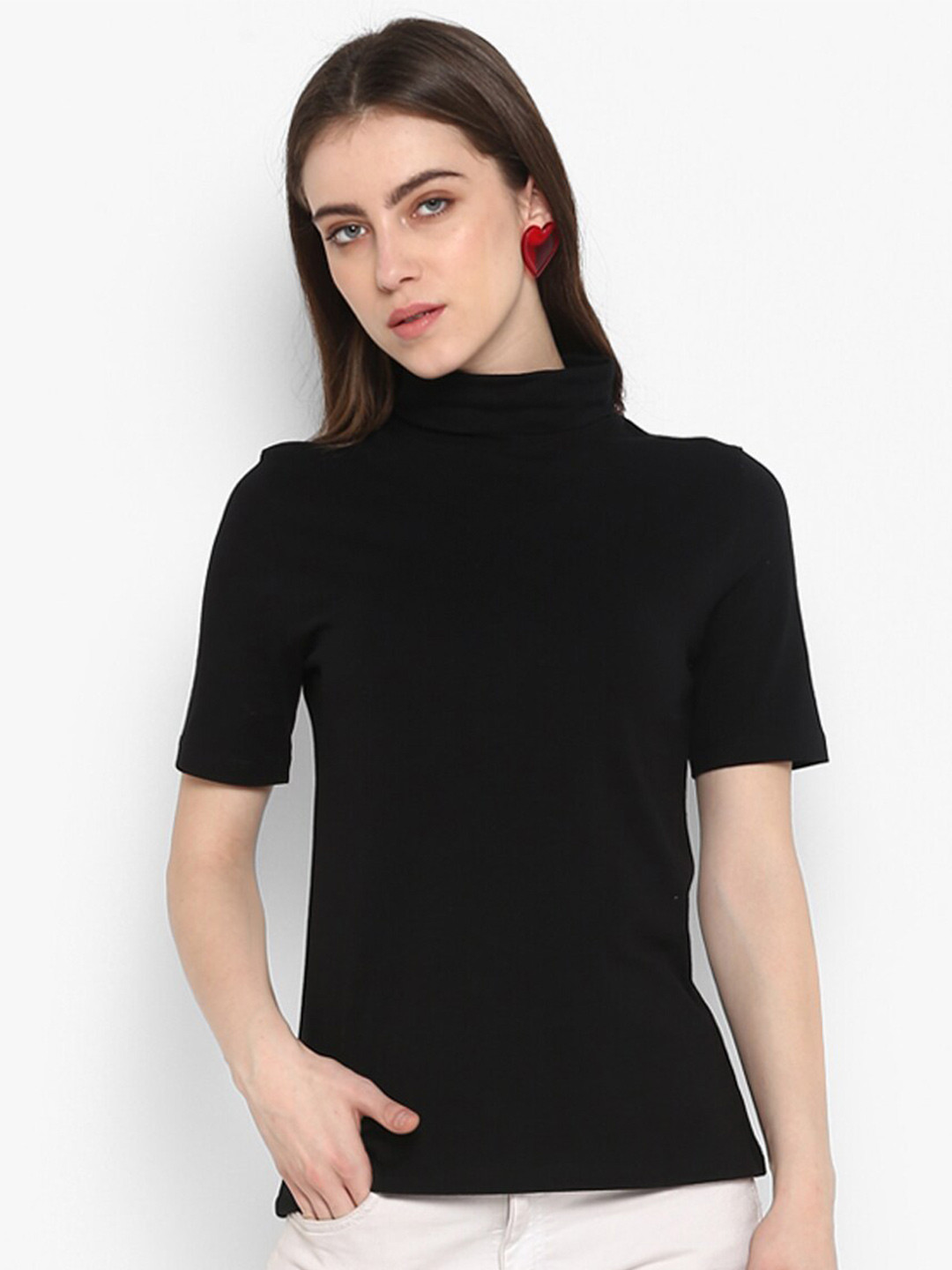 SHARKTRIBE Women Black Solid Cotton Turtle Neck Slim Fit T-shirt