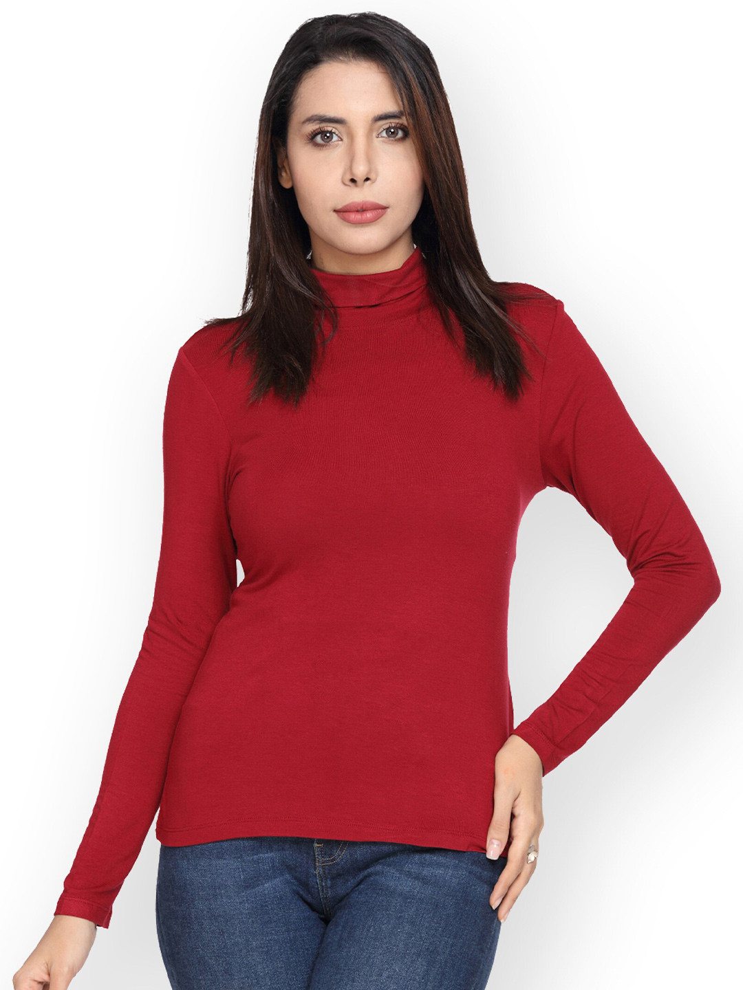 SHARKTRIBE Women Burgundy High Neck Slim Fit T-shirt