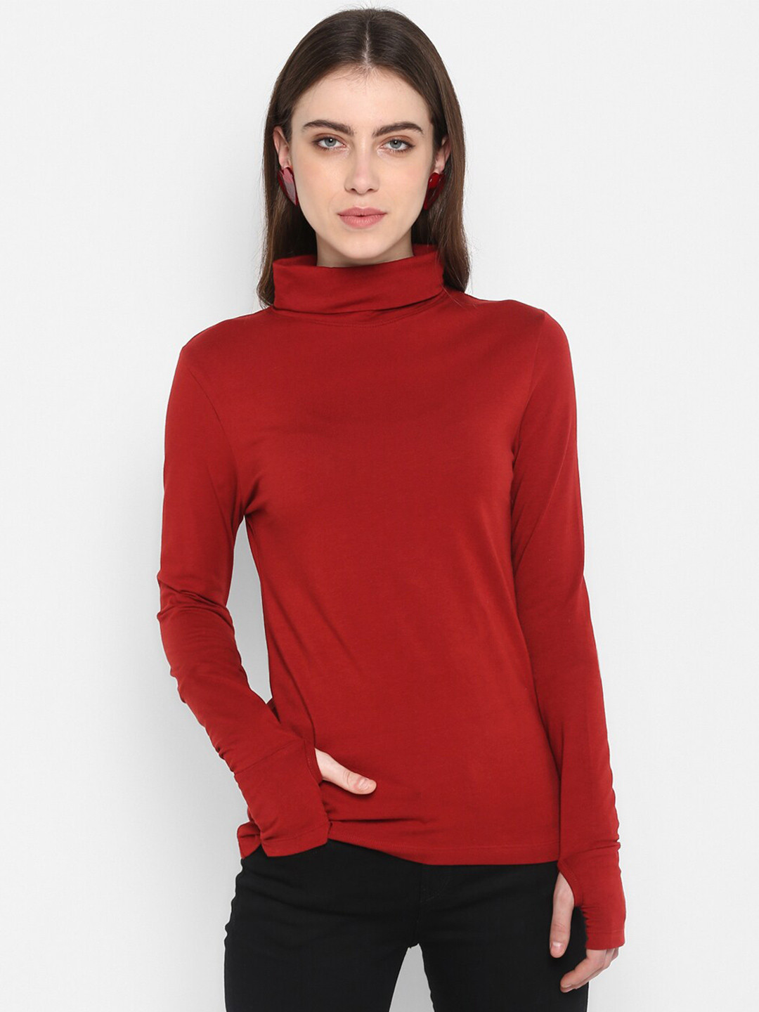 SHARKTRIBE Women Burgundy Turtle Neck Slim Fit T-shirt