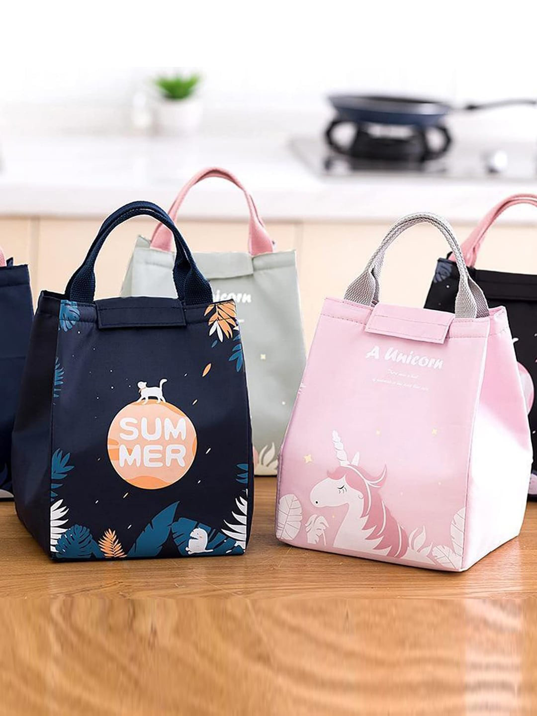 HOUSE OF QUIRK Navy Blue Printed Lunch Bag Insulated with Aluminum Foil