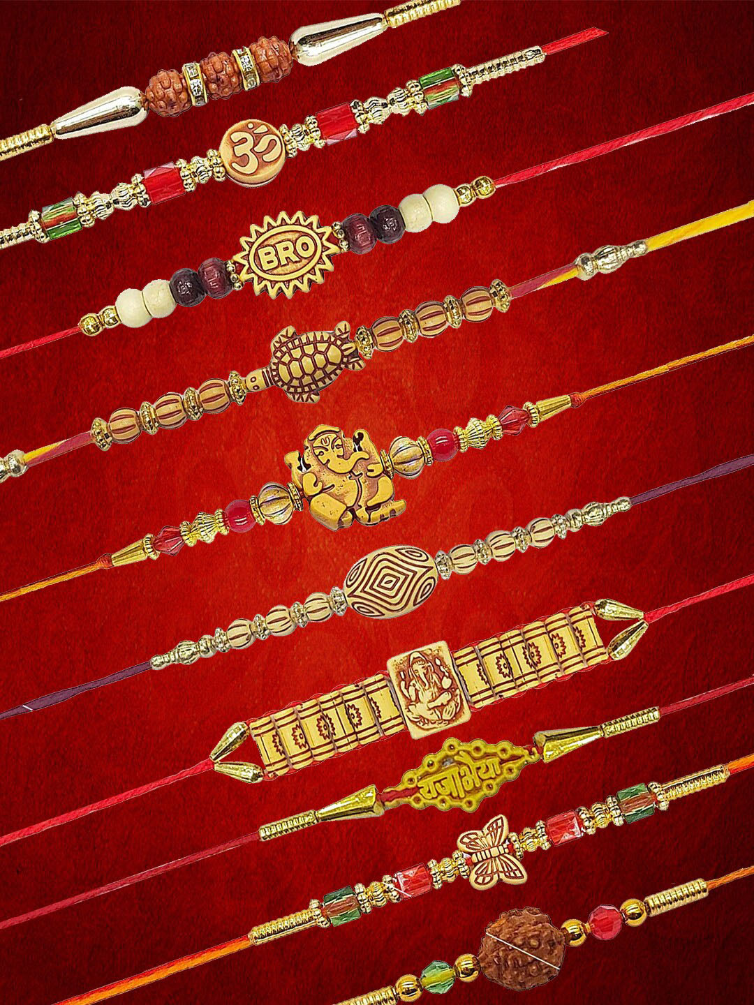 YouBella Men Set Of 10 Yellow, Red, Brown Wooden Beads Beaded Rakhi
