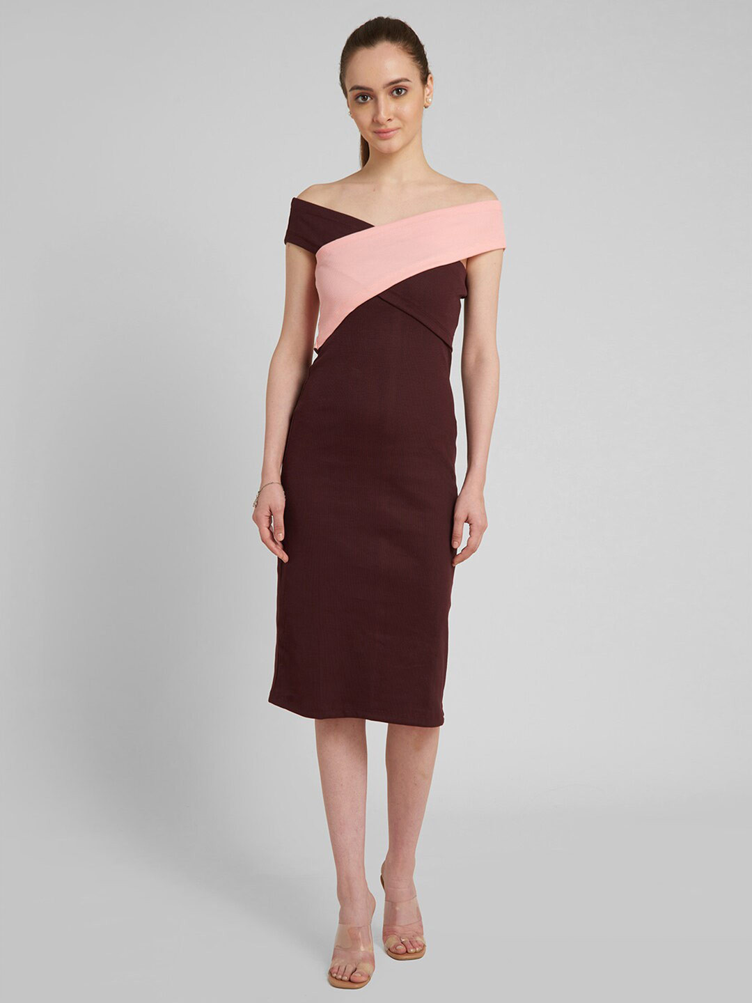 aturabi Maroon & Pink Colourblocked Off-Shoulder Sheath Dress