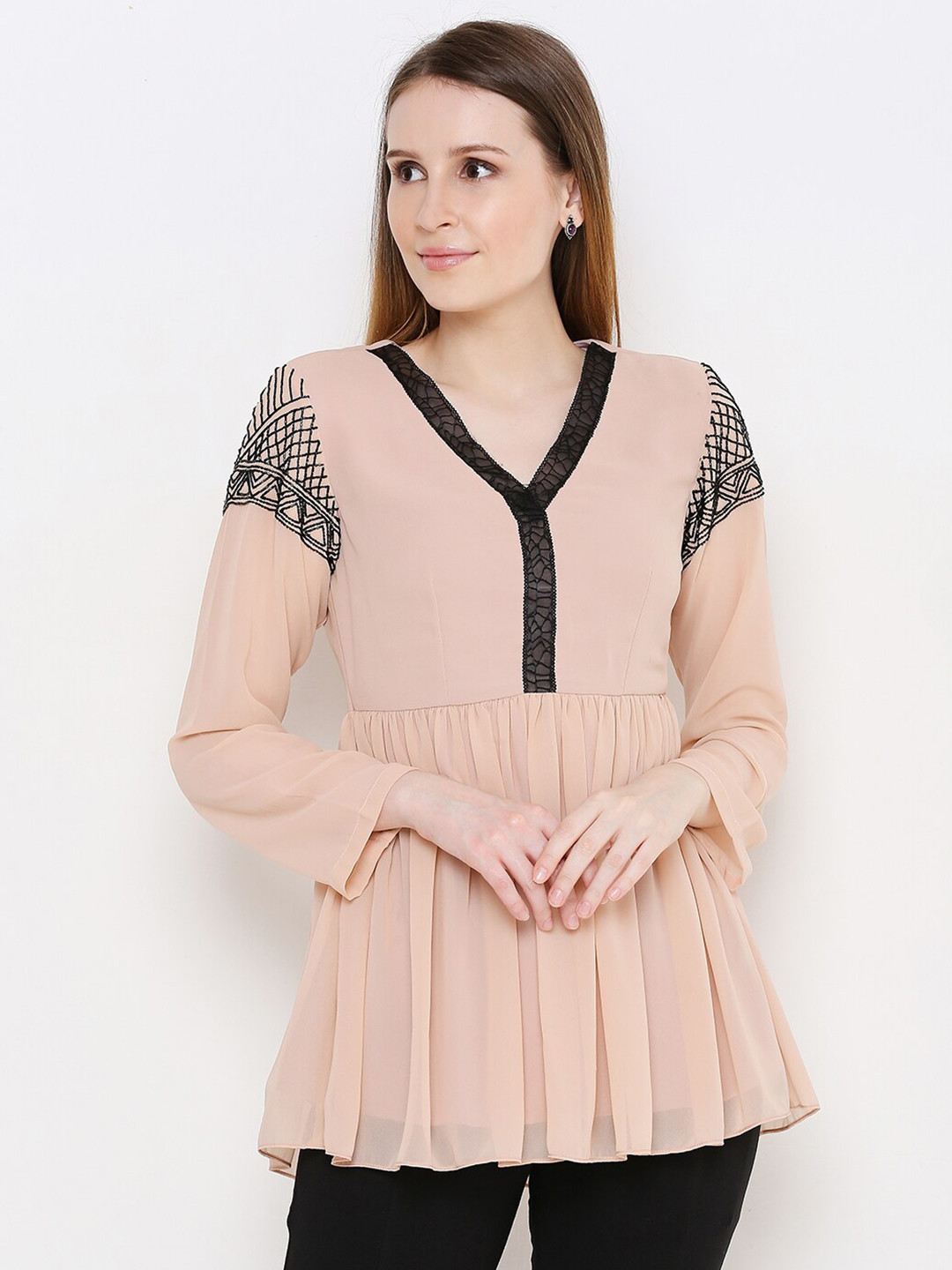 aturabi Women Peach V-Neck Yoke Design Pure Georgette Anarkali Kurti