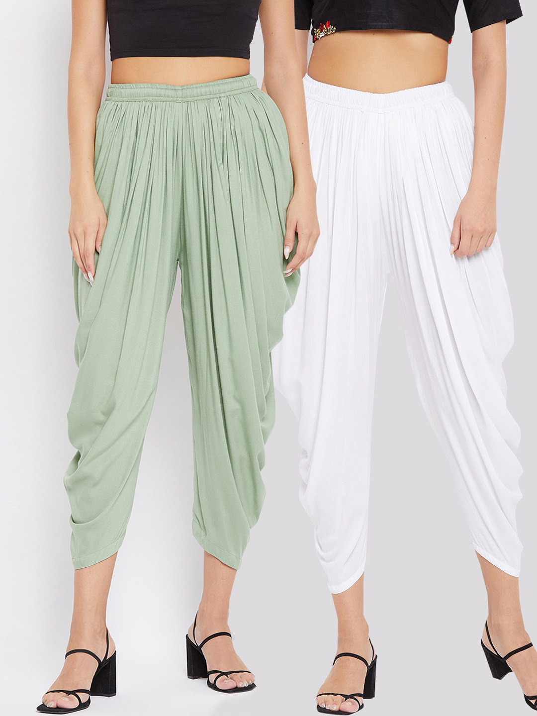 Clora Creation Women Pack Of 2 White & Mint Green Solid Dhoti Pants