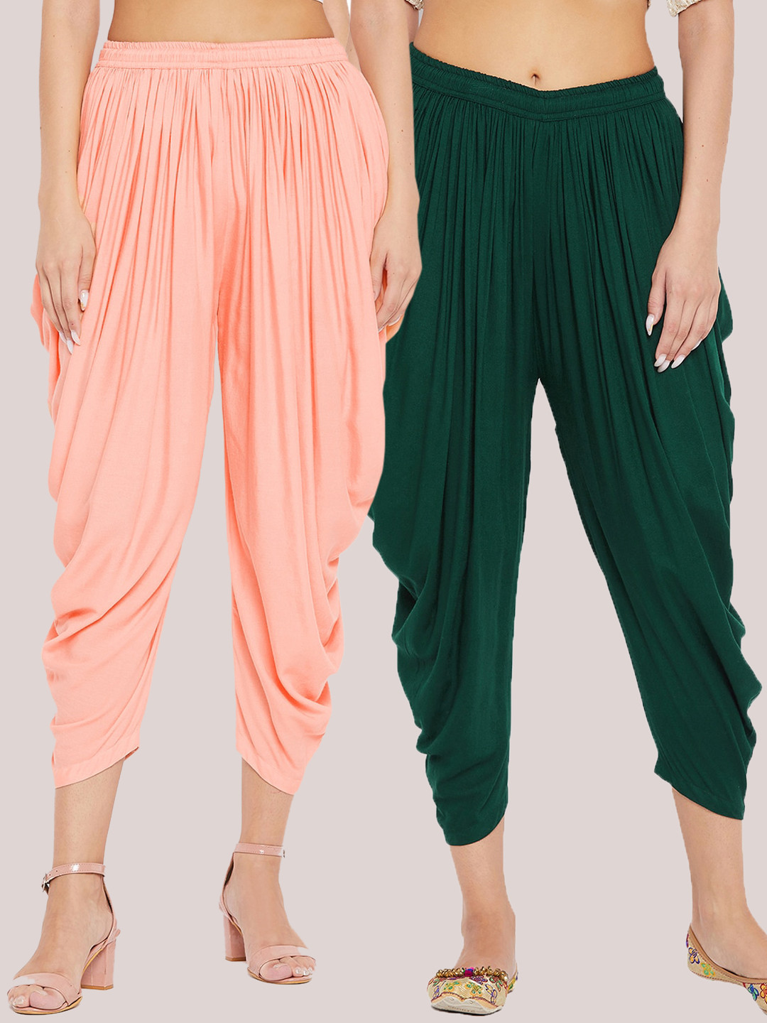 Clora Creation Women Pack of 2 Peach & Bottle Green Solid Dhoti Salwar