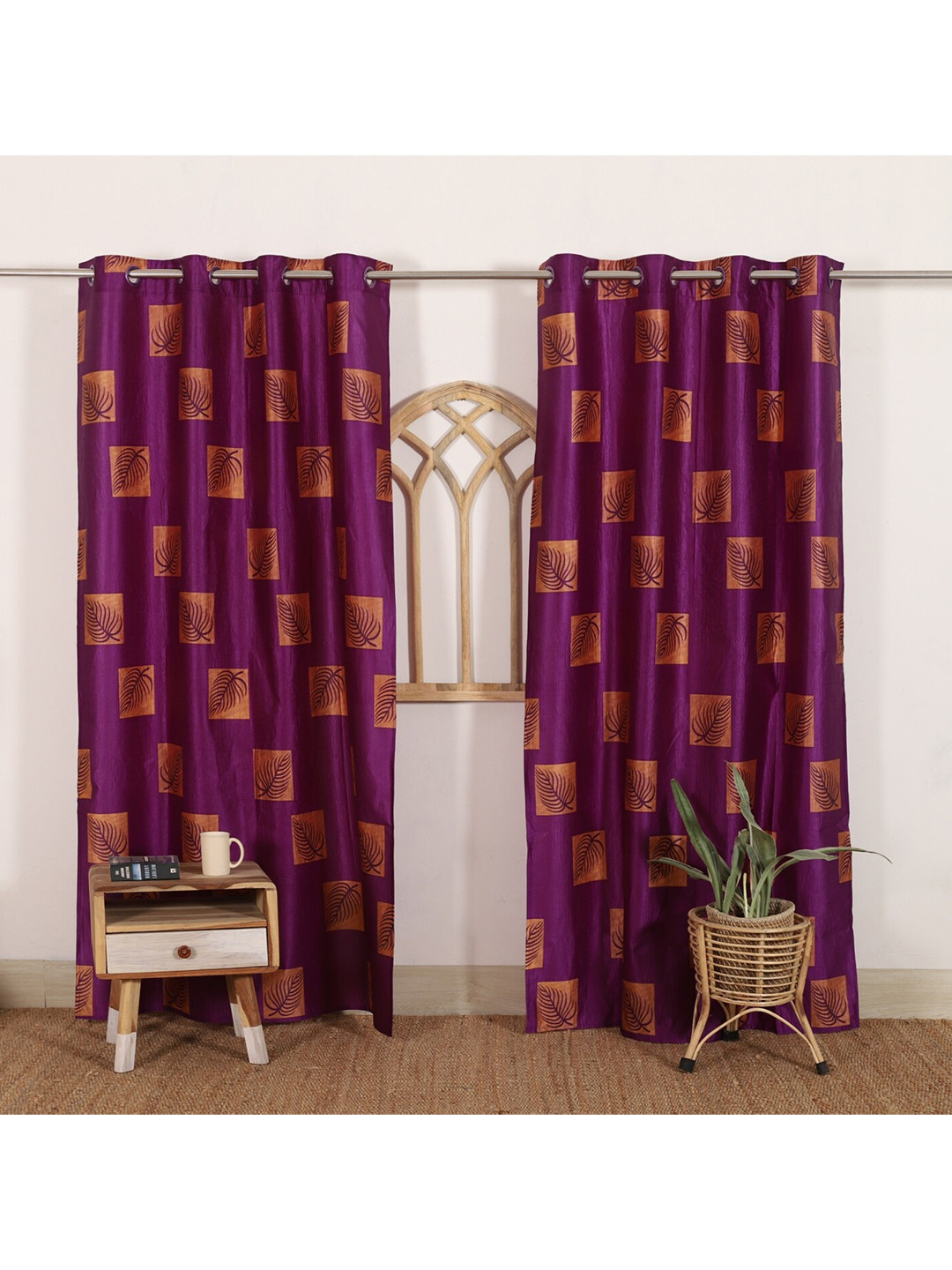 HANDICRAFT PALACE Purple & Gold-Toned Set of 2 Floral Black Out Door Curtain
