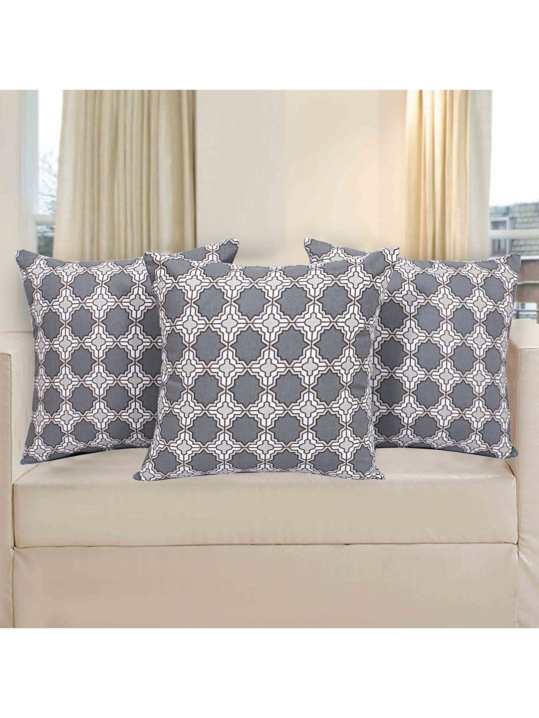 INDHOME LIFE Grey Ethnic Motifs Cotton Ultra Soft 3 Piece Square Cushion Covers -16x16In