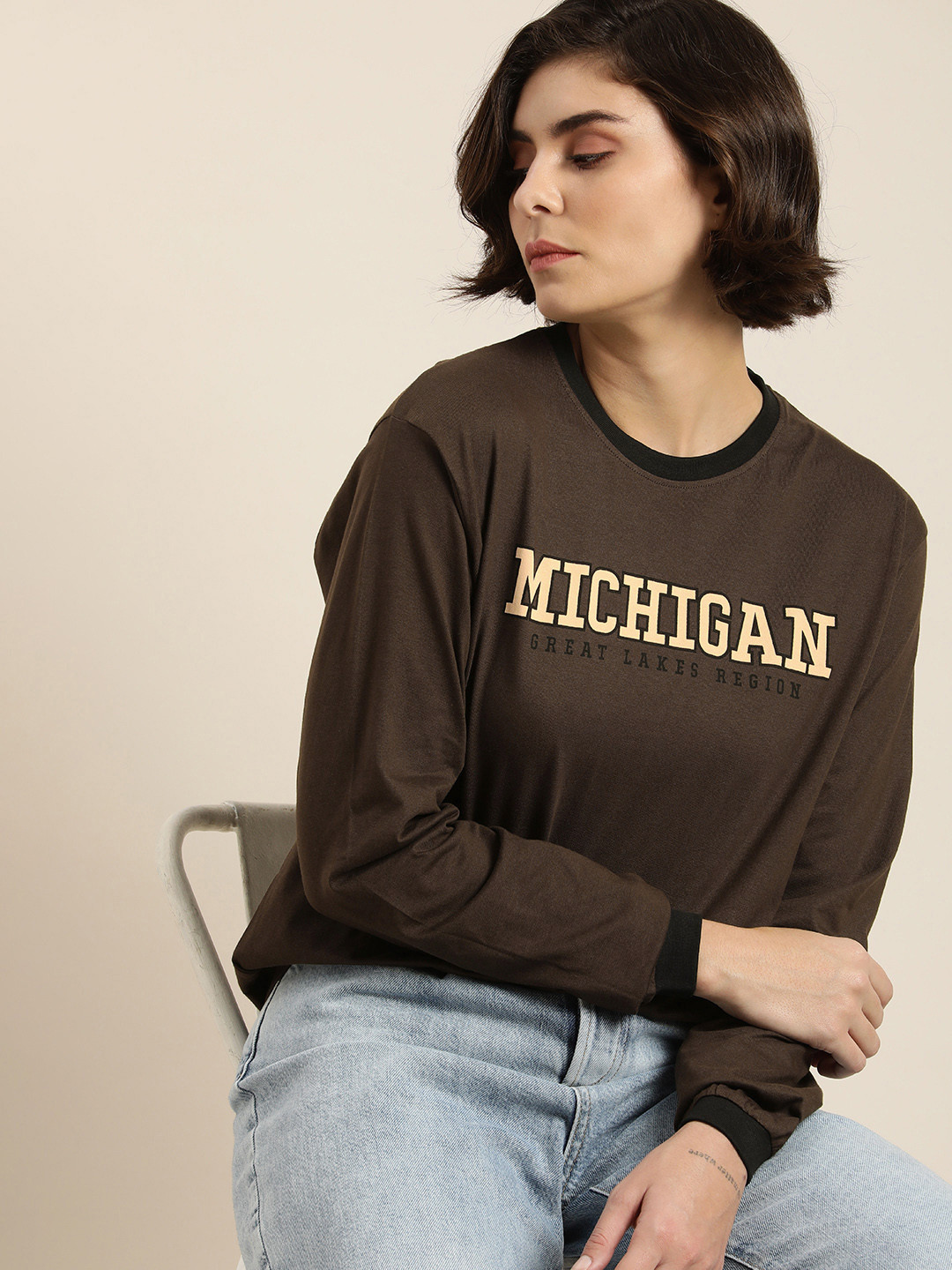 DILLINGER Women Coffee Brown Varsity Printed Pure Cotton Loose Oversized T-shirt